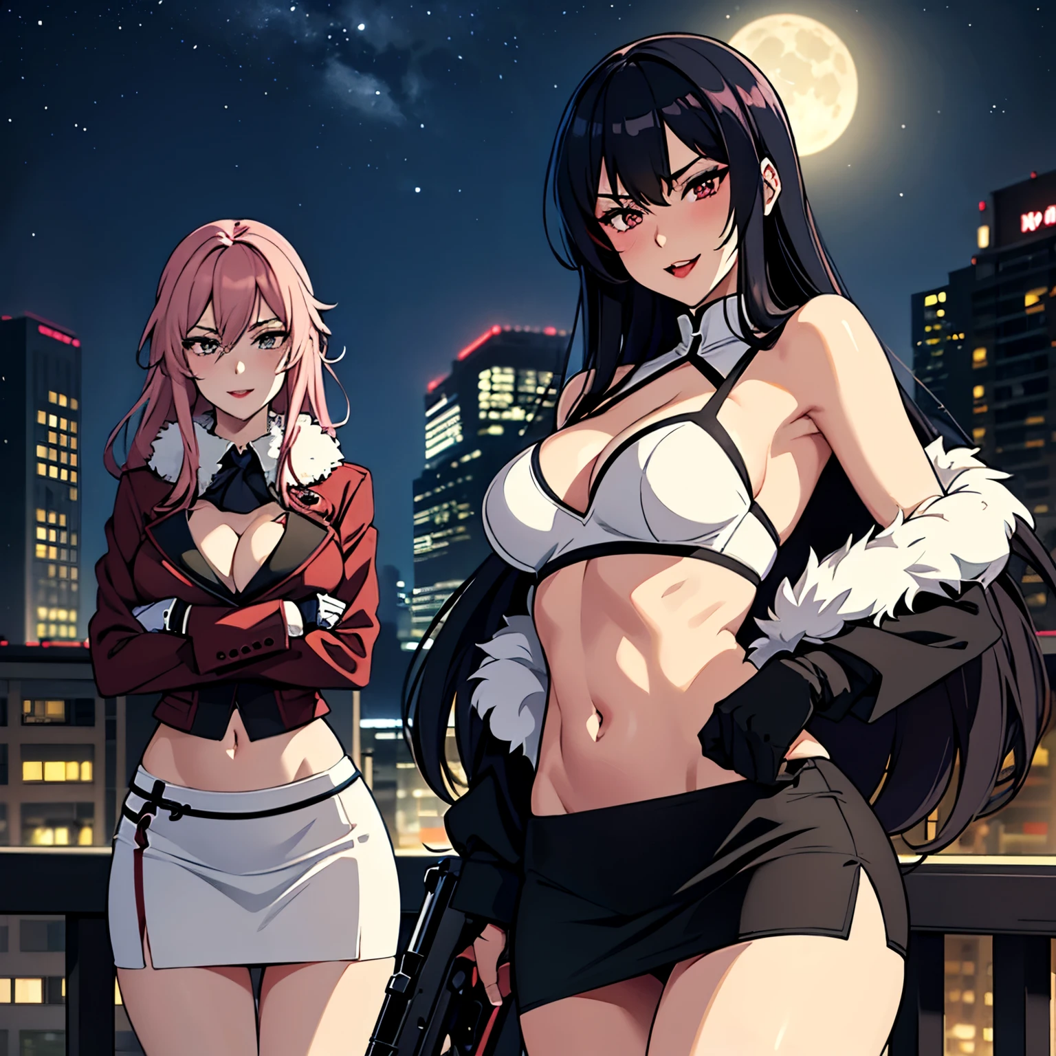 2girl, two girl, long hair, long hair, choker, ear piercing, navel piercing, large breast, blush, lipstick, fur trim, mature female, gloves, fur-trimmed coat, outdoors, rooftop, cityscape, building, railing, night, night sky, scenery, city lights, blush, lipstick, masterpiece, best quality, highly detailed, a girls with a gun, evil smile , open mouth, sexy gaze, badass pose , evil smile, smile, (nsfw) not safe for work, guns blazing, anime girl with long hair, beautiful long haired girl, navel, evil expression, exposed belly, exposed navel, exposed midriff, exposed lower belly, long black pants, crop top, cleavage, unbuttoned leather pants ,open fly, low rise black leather pants, leather jacket, holding a gun