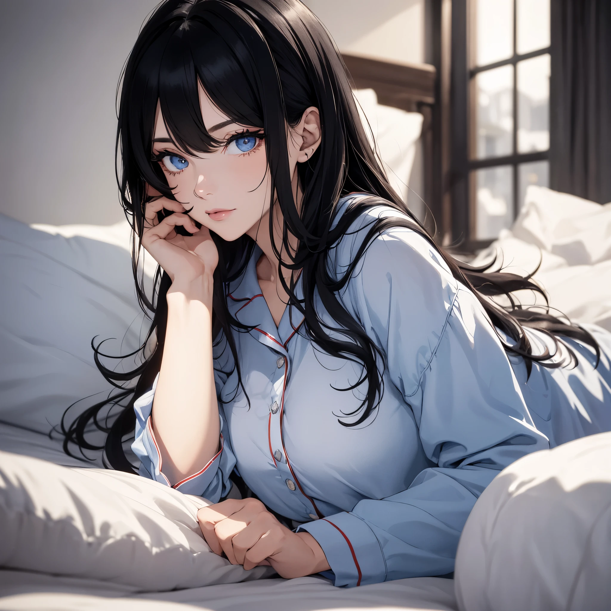 absurderes, ultra-detailliert,bright colour,(in 8K:1.3),masuter piece,extremely beautiful detailed face and eyes, 25 years old,(Smooth straight black hair), (Shiny long hair),(Pattsun bangs) Delicate beautiful face, red blush、(Deep blue eyes) (wearing pajamas), night time, Natural Nice Spot, Detailed face, laying on the bed, cozy.