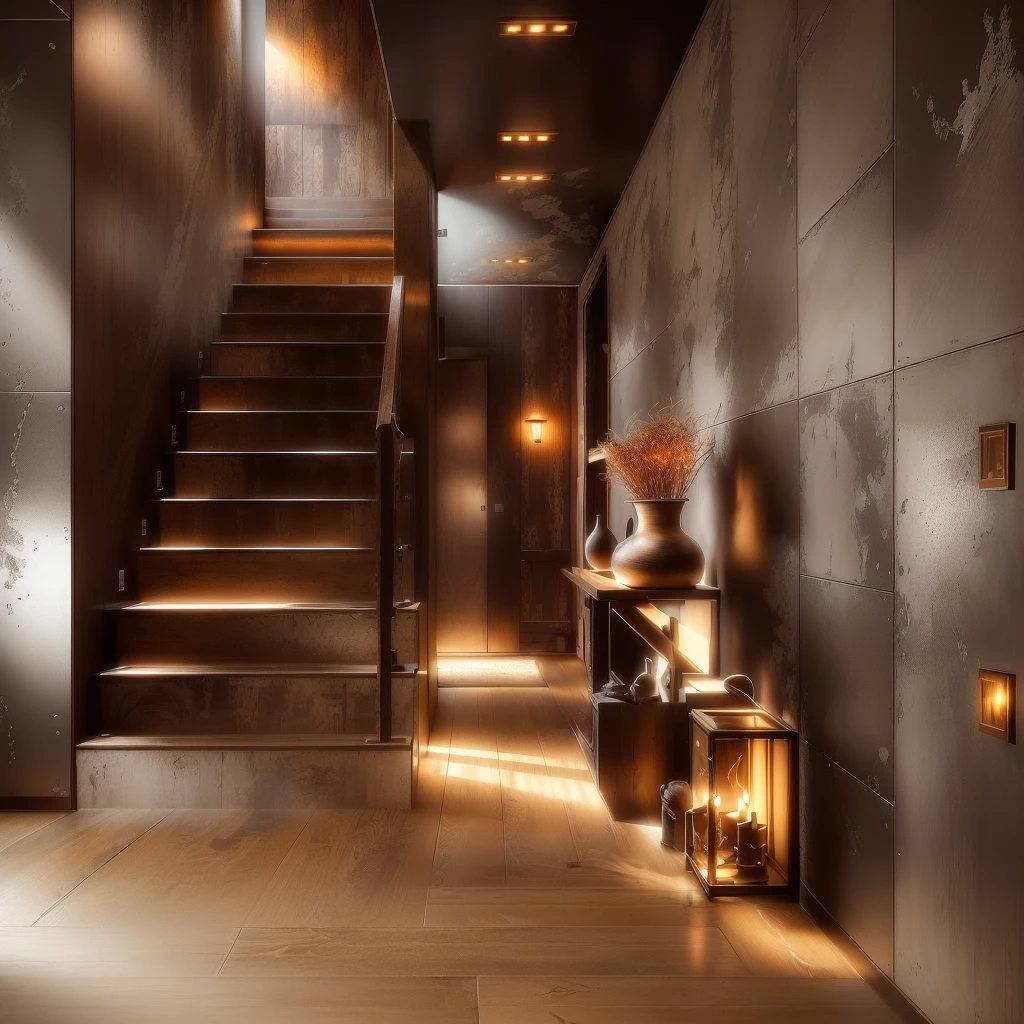 there is a wooden staircase leading to a wooden floor, rustic, modern rustic, wooden stairs, wooden walls brass panels, wooden interior, brown atmospheric lighting, striking artistic concept, moody ambiance, beautiful interior, stone tile hallway, wood paneling, texture, luxurious wooden cottage, warm interior, dark interior, wooden floors, by Micha Klein