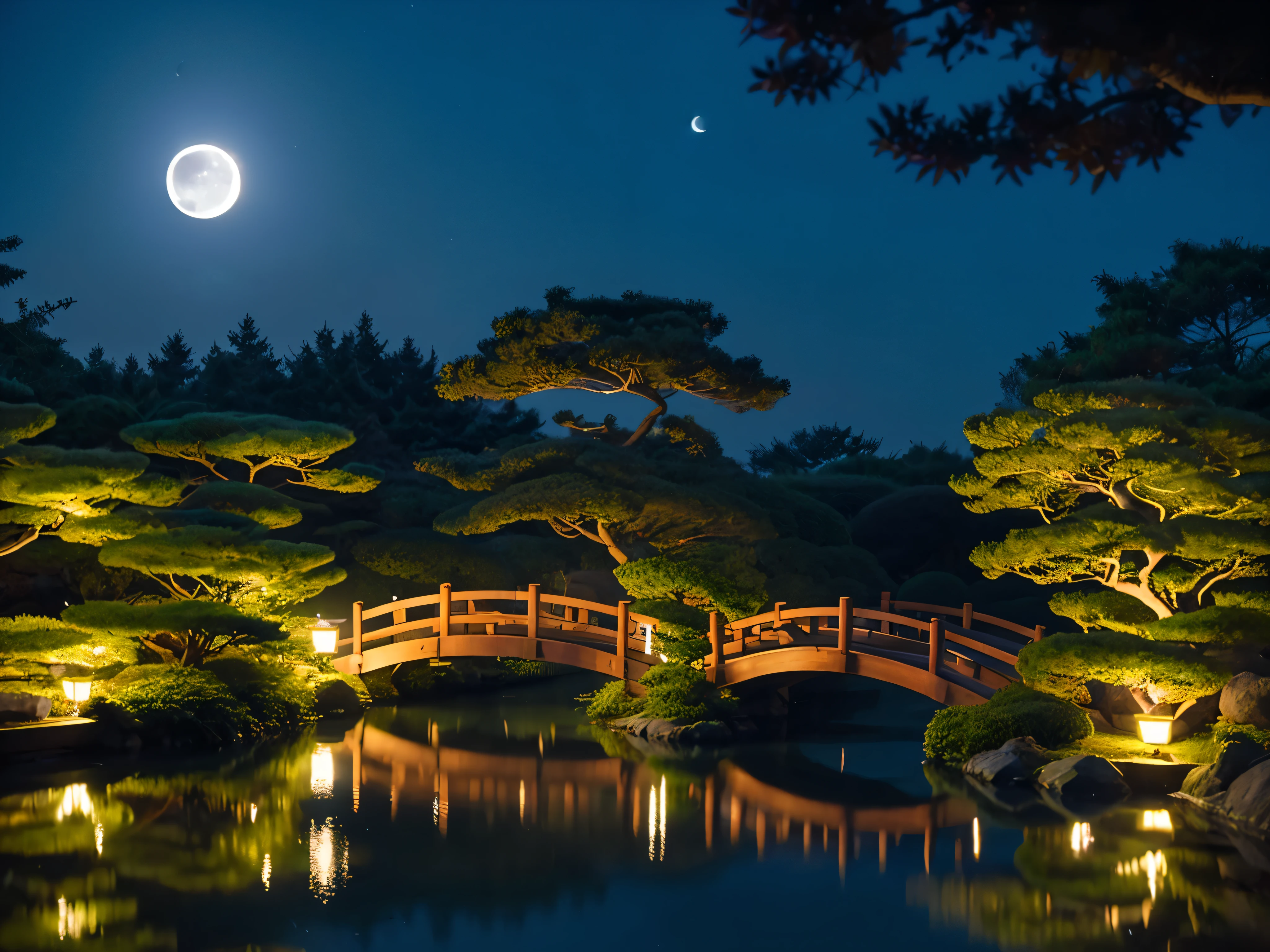 moshan,(japanese_garden:1.2), (bridge:1.2), (midnight:1.3), (fullmoon:1.3),
