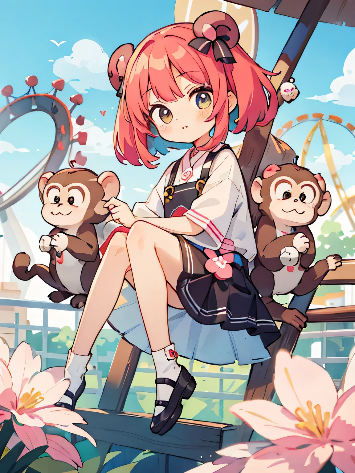Momoko Sakura Style, Kawaii Design, most beautiful girl ever、Chibi, Colorful bob hair、((Lots of monkeys))、amusement park