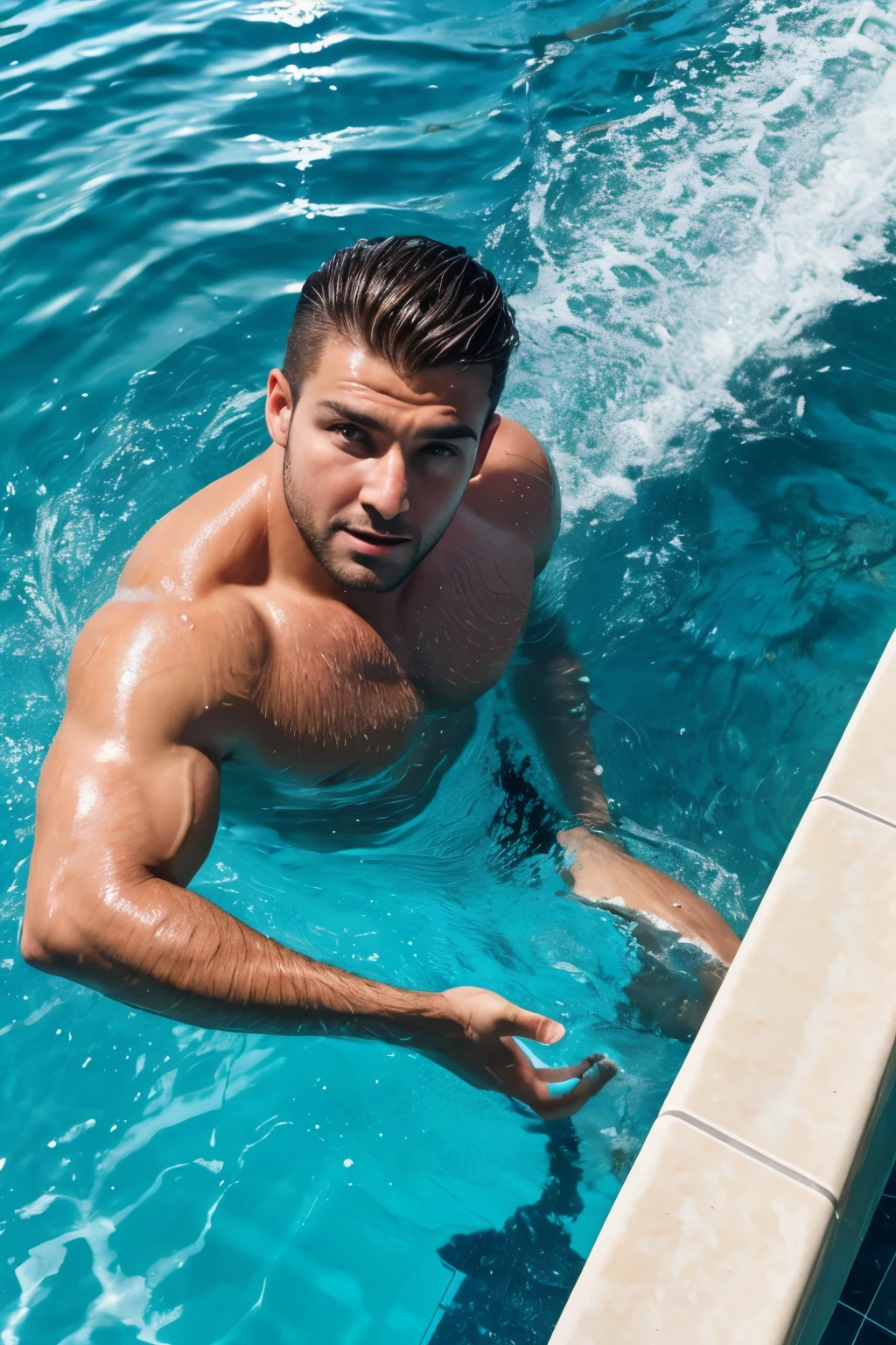 High angle shot photo, High angle view from above, Ultra detailed photo of face of handsome man, rise from water, water up to his shoulder, the pool, looking to the camera, splashing water and water drops, high angle view, high angle shot, splashing waters and water drops around him, hyper realistic, photorealistic, chiaroscuro, high angle view, man in pool, splashing waters