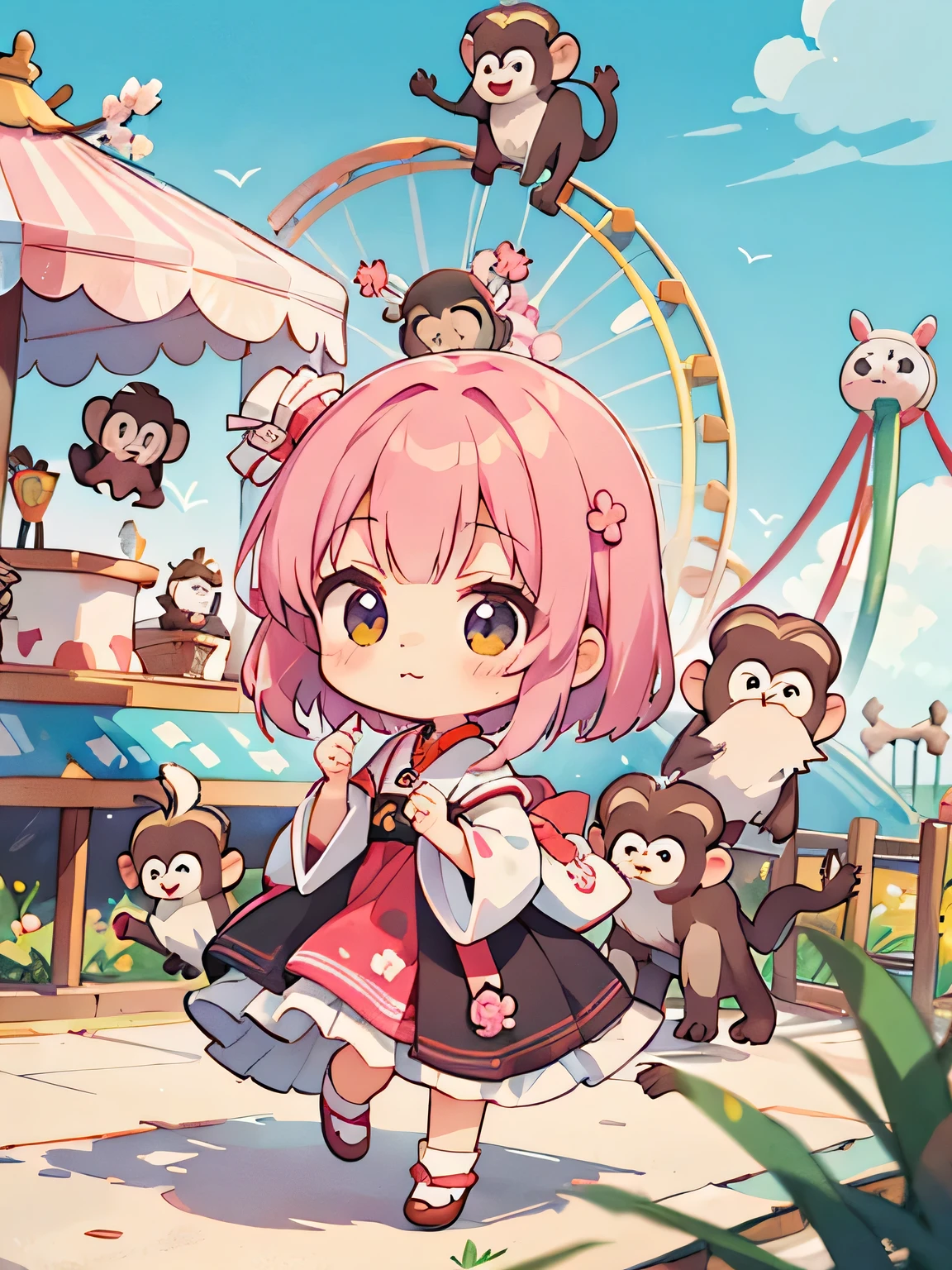 Momoko Sakura Style, Kawaii Design, most beautiful girl ever、Chibi, Colorful bob hair、((Lots of monkeys))、amusement park