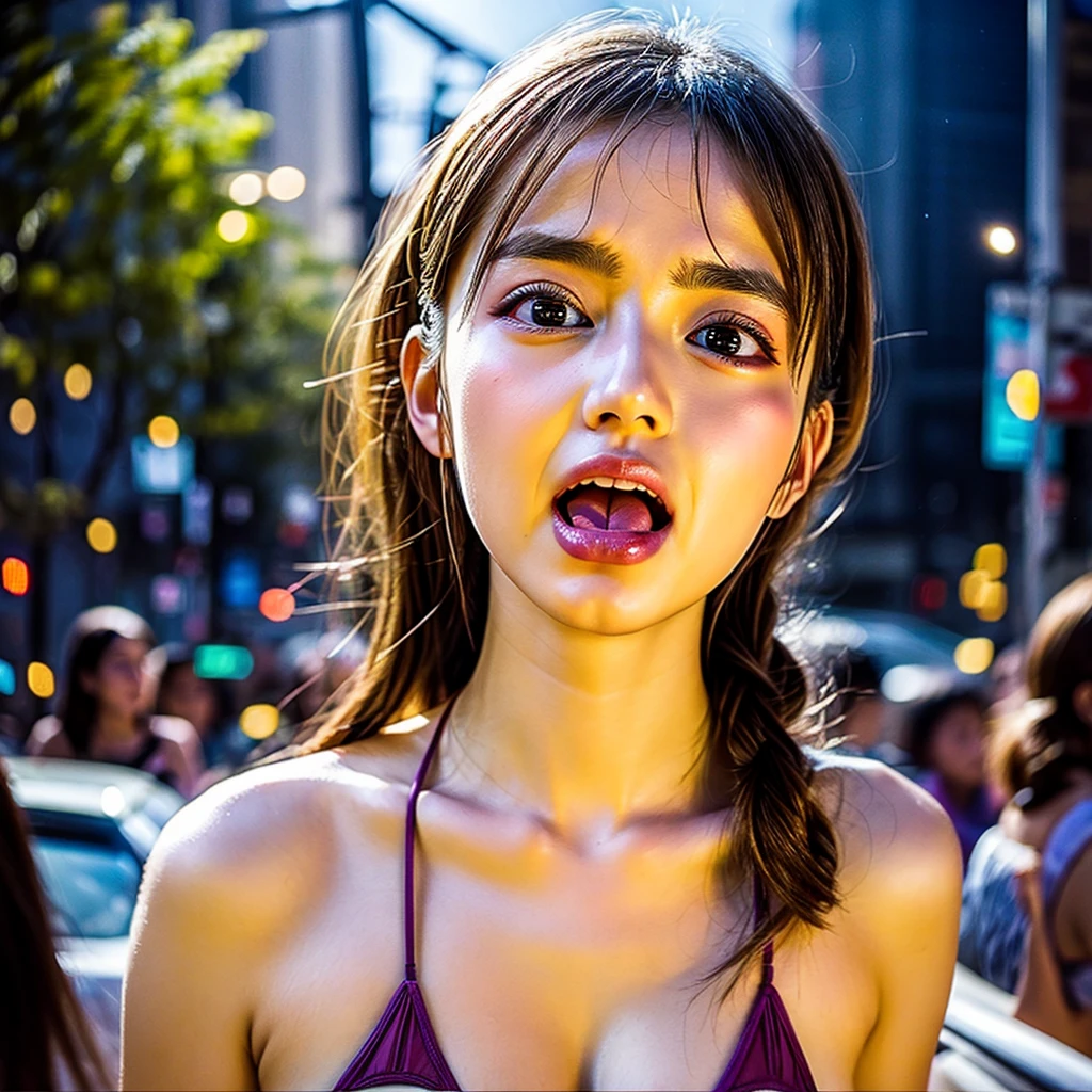 masterpiece of professional Analog photo, realistic and photorealistic with touch of rawness, (a close-up portrait of a woman wearing thongs on a city street), intricate lighting effects with light particles, traffic lights, many colorful lights dazzling bokeh, a crowd of fashionable street girls in the background, (((NOGIZAKA)))  Extremely Detailed very KAWAII face variation, perfect anatomy, captivating gaze, elaborate detailed Eyes with (sparkling highlights:1.2), long eyelashes、Glossy RED Lips with beautiful details, Coquettish tongue, Rosy cheeks . (Dynamic joyful expressions) , Random eye color, (no large eyes) . screaming, { childish | Gigantic Cleavage }, Mystic sight .