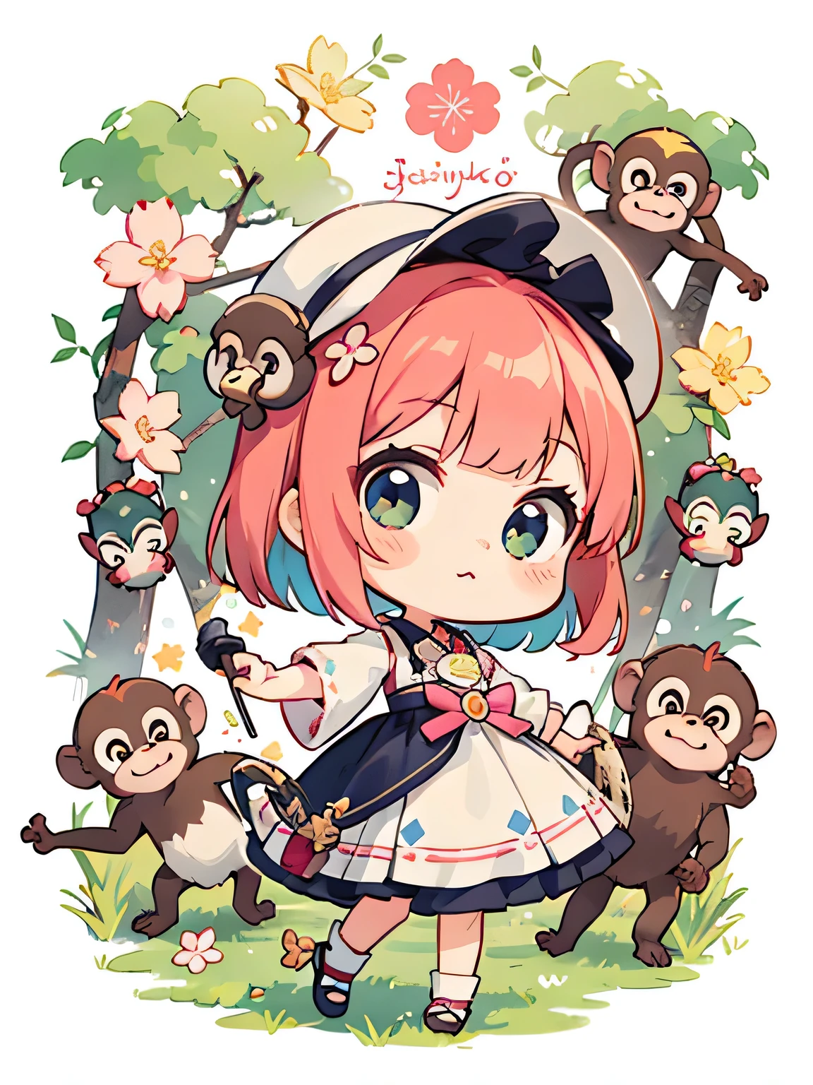 Momoko Sakura Style, Kawaii Design, most beautiful girl ever、Chibi, Colorful bob hair、((Lots of monkeys))、amusement park
