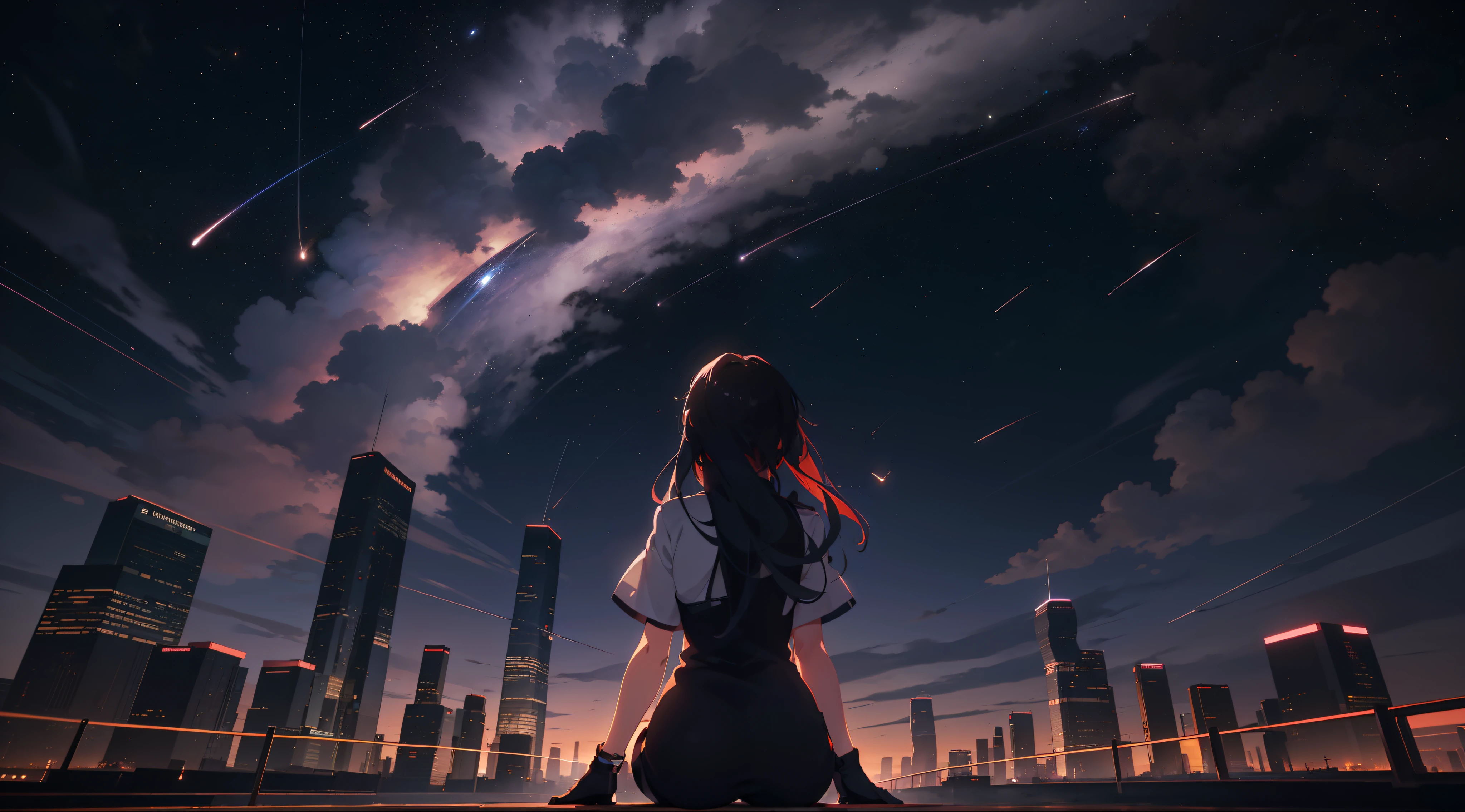 Vast landscape photos, a girl standing on a cityscape, giant buildings, middle of city, middle of downtown, skyrise, looking up at the sky, shooting stars, fireflies, dreams, makoto shinkai cyril rolando, cosmic skies. by makoto shinkai, 4k anime wallpaper, anime wallpaper 4 k, anime wallpaper 4k, anime art wallpaper 4k, anime art wallpaper 4 k, sitting on the cosmic cloudscape, anime art wallpaper 8 k