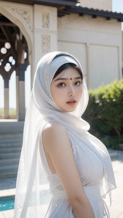 (Masterpiece, top quality, best quality, official art, beautiful and aesthetic: 1.2)
(1girl)
(Hyuga Hinata from Naruto anime, radiant white eyes, captivating with Byakugan eyes)
(Beautiful, ethnic allure in sexy clothes)
(Majestically posing against a mosque background, wearing a hijab)
(Ultra detail, realistic representation of fabric texture, wrinkles, and intricate hijab design)
(Her mesmerizing eyes reflecting tranquility and strength, gaze fixed on the viewer), alluring, glamorous, slim waist, sexy, portrait, Long hair fluttering in the wind