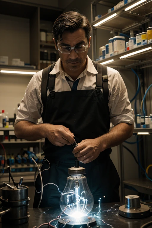 Man triumphing in the world of chemical science and electricity
