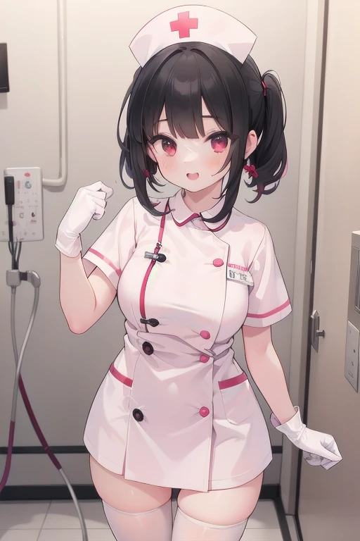 1girl, solo, nurse, nurse cap, white wear, ((white legwear, zettai ryouiki)), white gloves, pink hair, drooping eyes, ((covered nose)), standing, ((hospital room)), sharp outline, short sleeves, best quality, masterpiece,Fleshy,Red eyes,Fleshy,Black hair,happy,lol