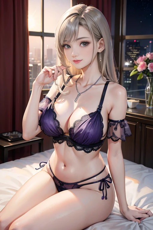 One Woman、20th generation、Soft Light,Big Breasts、Beautiful slender beauty、smile、Earrings、Silver blonde medium long、necklace、(purple see-through lingerie、Relaxed)、Off the shoulder、arm、hand、Fingers are beautiful、The night view can be seen from the window、Luxury rooms in luxury hotels、There is a bed、Above the knee shot、 Looking into the camera、( Professional Lighting、highest quality、High resolution, 8k, masterpiece),