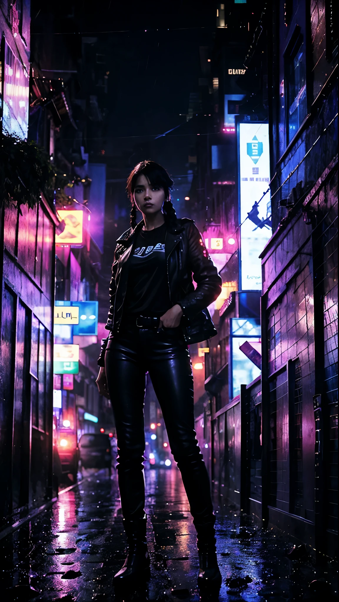 Full body portrait 、Beautiful female soldier from Wakanda ((Black women:1.2)), Dark Skin, Black Hair, Braided hair, ,Blue Eyes、 Black leather flight jacket、Black T-shirt、Black leather pants、Holding a knife, detailed, Realistic Face, Digital Portrait, The background is the night city. Night big city、Aggressive pose、Prepare for external enemies、Be on guard、A night of heavy rain、Blade Runner、ghost in the Shell