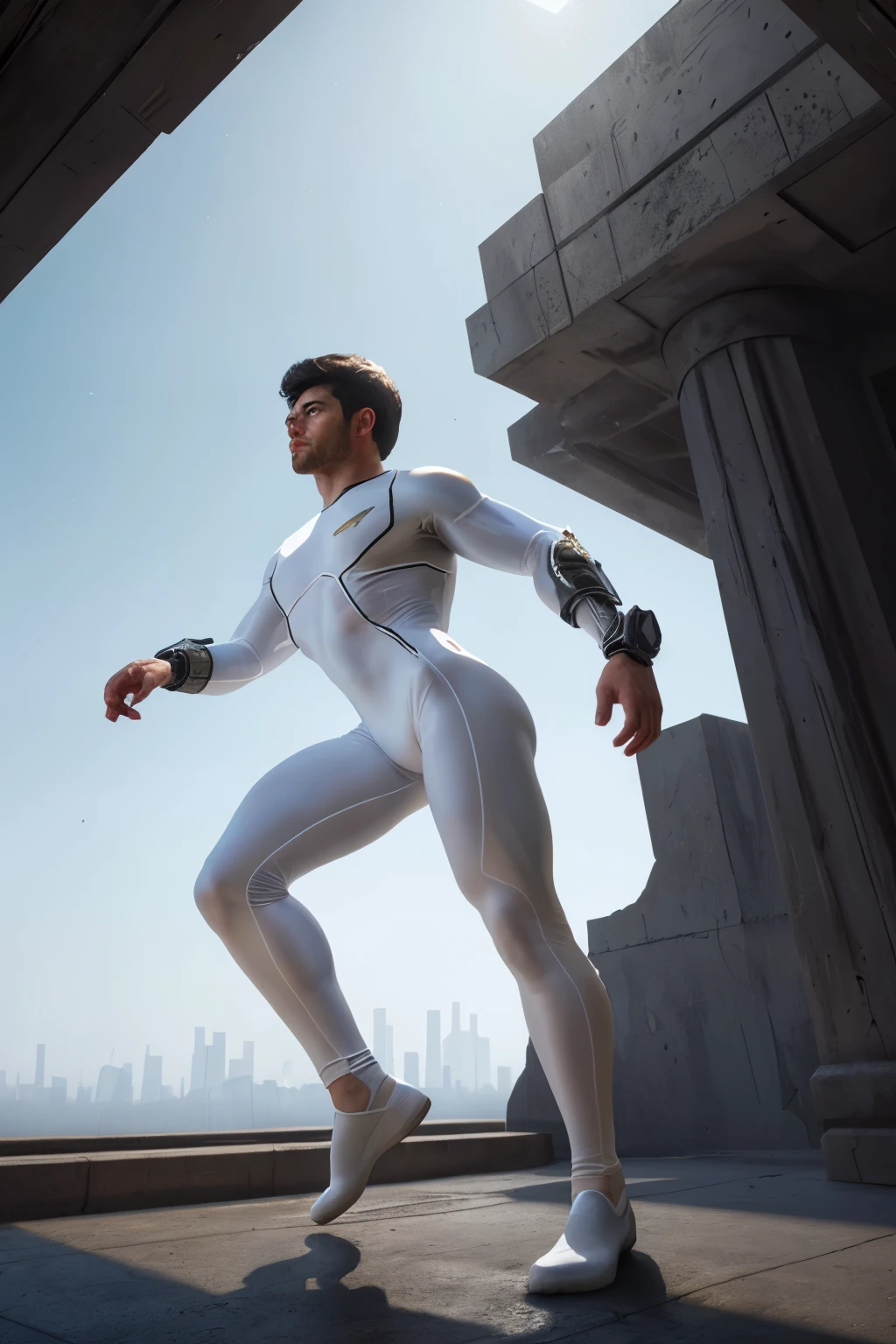 artistic painting of a man, clad in a ((translucent white bodysuit:1.2)), full body, symmetrical, adorned with delicate ornaments, amidst a backdrop of futuristic architecture bathed in natural daylight, intricate hyperrealism, volumetric lighting, architectural photography, professional ominous concept art, by artgerm and greg rutkowski, an intricate, elegant, highly detailed digital painting, concept art, smooth, sharp focus, illustration, in the style of simon stalenhag, wayne barlowe, and igor kieryluk, symmetrical, realistic, cinematic, best quality, detailed background, depth of field, intricate details, dynamic pose, dynamic angle, (huge-muscles), (large pectorals), (puffy nipples)