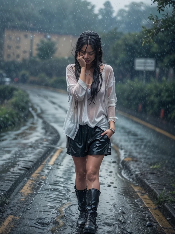 a beautiful european girl crying in the countryside road, rainy, trees around the road, standing, wet shirt, long hair, black hair, ((small breasts))