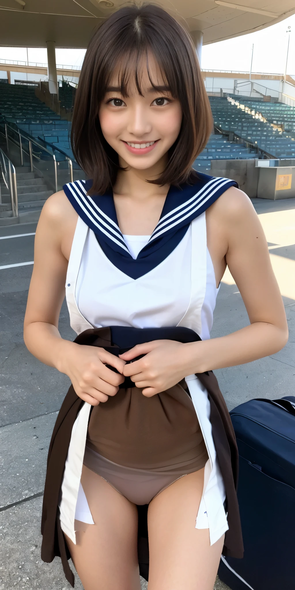 Neat and clean high school girl、(school uniform、Sailor suit、Ribbon tied on chest、Summer clothes、The upper body is white、The skirt is navy blue)、Outside the stadium、(slim)、Realistic、detailed, Skin Texture, 超detailed、Delicate and sexy collarbone、A sloppy smile、スーバーdetailedな顔、detailed唇、detailedな目、Small breasts、Small breasts、、Small breasts、Flat Chest、Accentuate your breasts、Bright Face、((Are standing、White panties are visible under her skirt、Lift the hem of your skirt slightly with both hands..,,))((Naked and wearing only a white apron、Naked sexy white apron))、Short hair with bangs、Straight Bob Hair、、Top view、、(((Dark sunburn、Tanned brown skin、Black skin color)))、(Dark brown skin:2.)