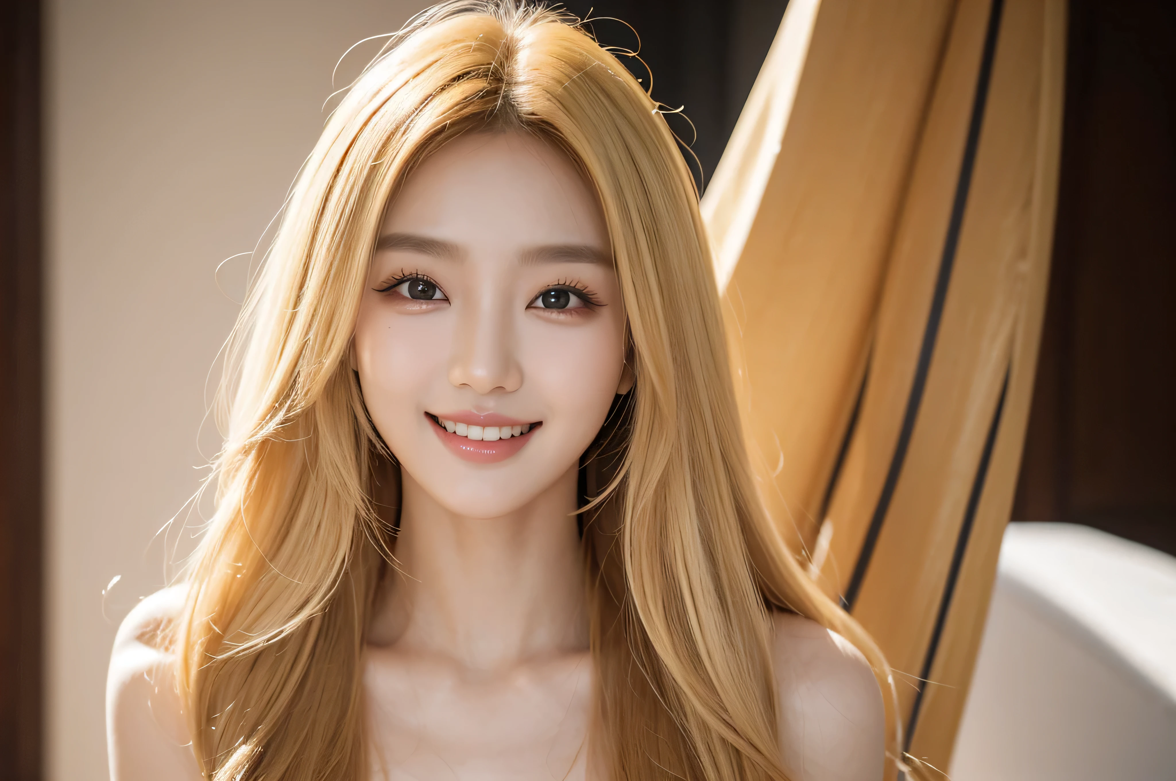 Korean, beauty, K-pop, long hair, Portraiture, actress, model, Idol, one person, Delicate and highly functional, High resolution, smile, teeth, Studio shot, lighting, Blonde