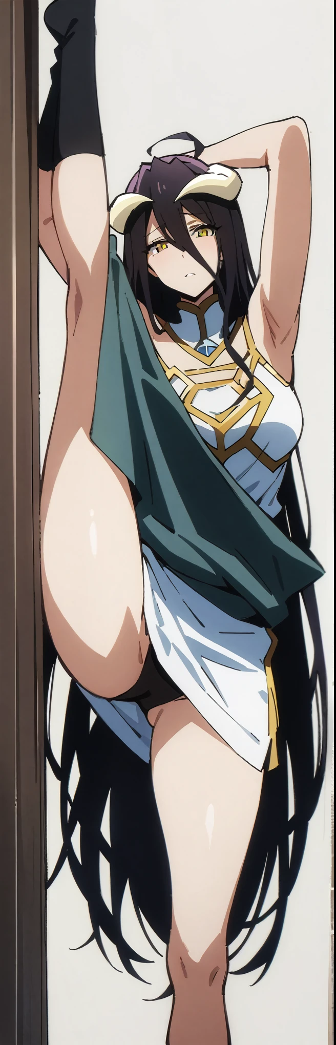 (masterpiece, best quality:1.2), 1girl, solo,standing_split, close to viewer,
albedo (overlord), horns, sleeveless clothing,Sleeveless shirt, Unzip the jacket, detail_face, eyeslashes, shinny hair
