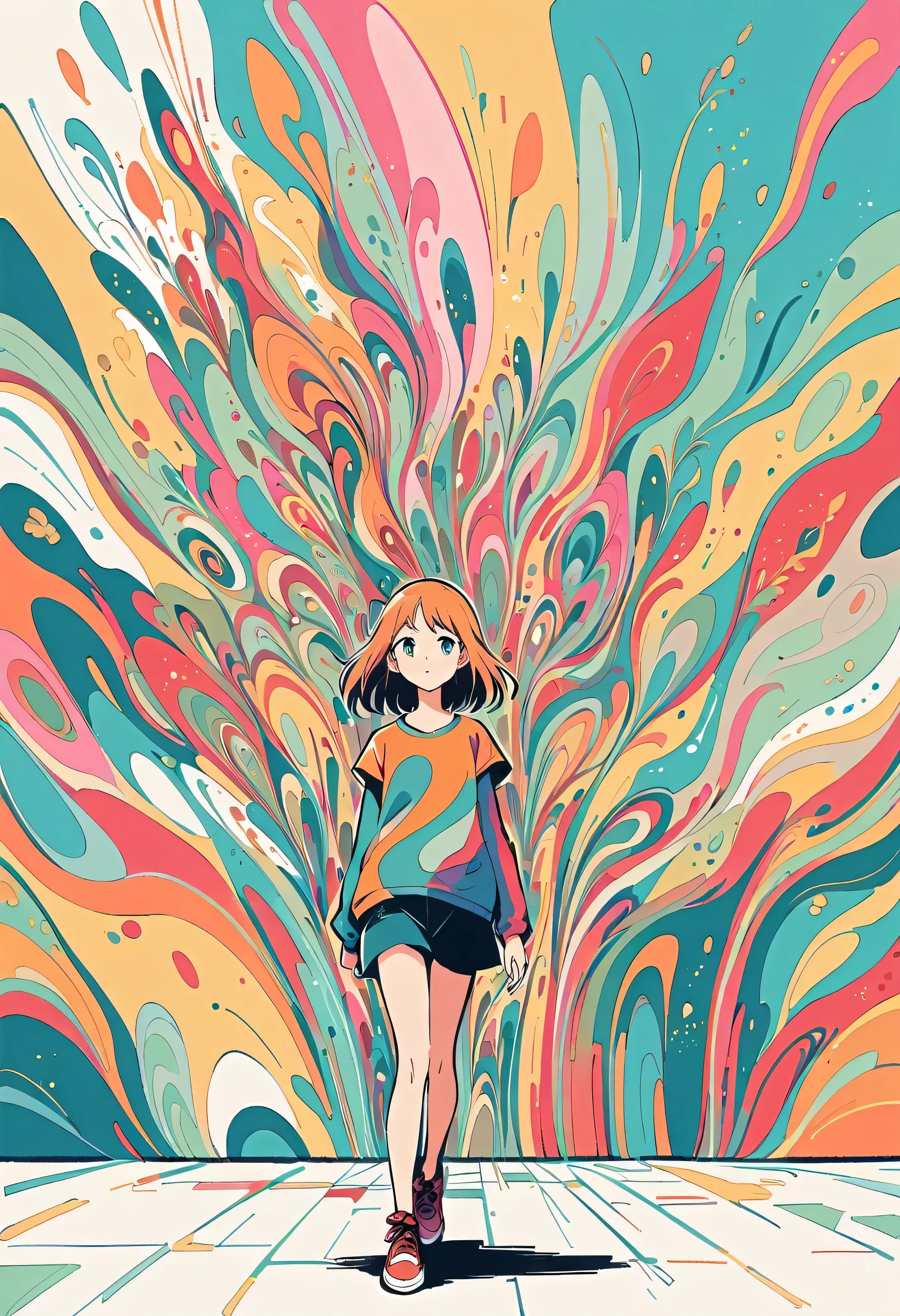 Watase Seizo style, Standing in front of a high wall,Simple Line Initialism,Abstract art,Urban Background, (((The most beautiful girl))), colorful flowers, walking