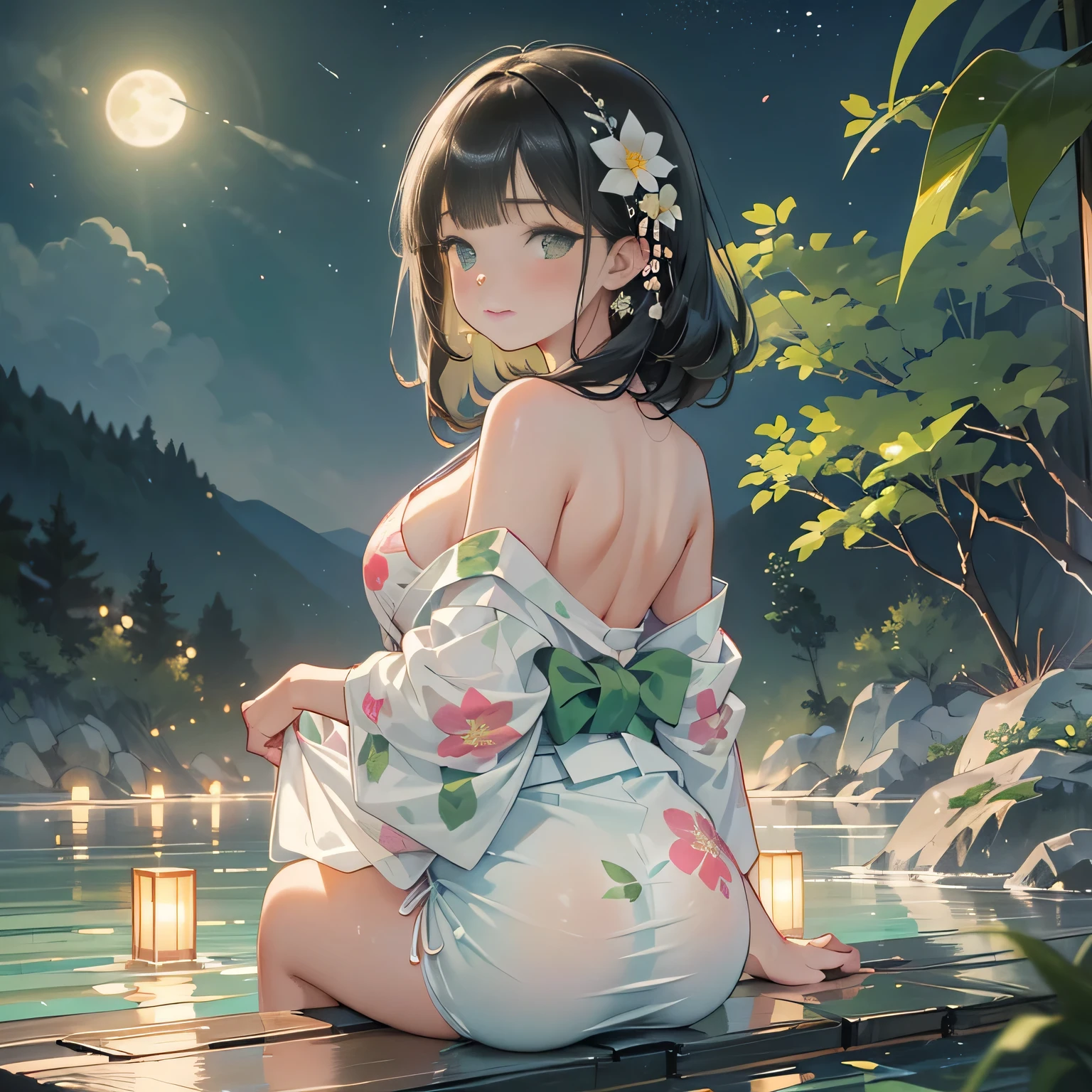 ((panty shot)),((lifting skirt)),((white beautiful panties focus)),Vulgar,low angle,from below, cleavage,(( looking back at the viewer)),
(looking back at the viewer),full body,low angle,from below,♥(japanese flower printed yukata),(bathing in the spa), ((1girl,cute,young,Semi long beautiful black hair,blunt bangs,beautiful green eyes)),(solo),((masterpiece, highest resolution,best quality)), ((realistic:1.5,Beautiful girl RAW photo)), (bathing in the spa),(japanese flower printed yukata),  innocent smile,cinematic lighting,beautiful outside open spa, rocks,natural beauty,full moon,night sky