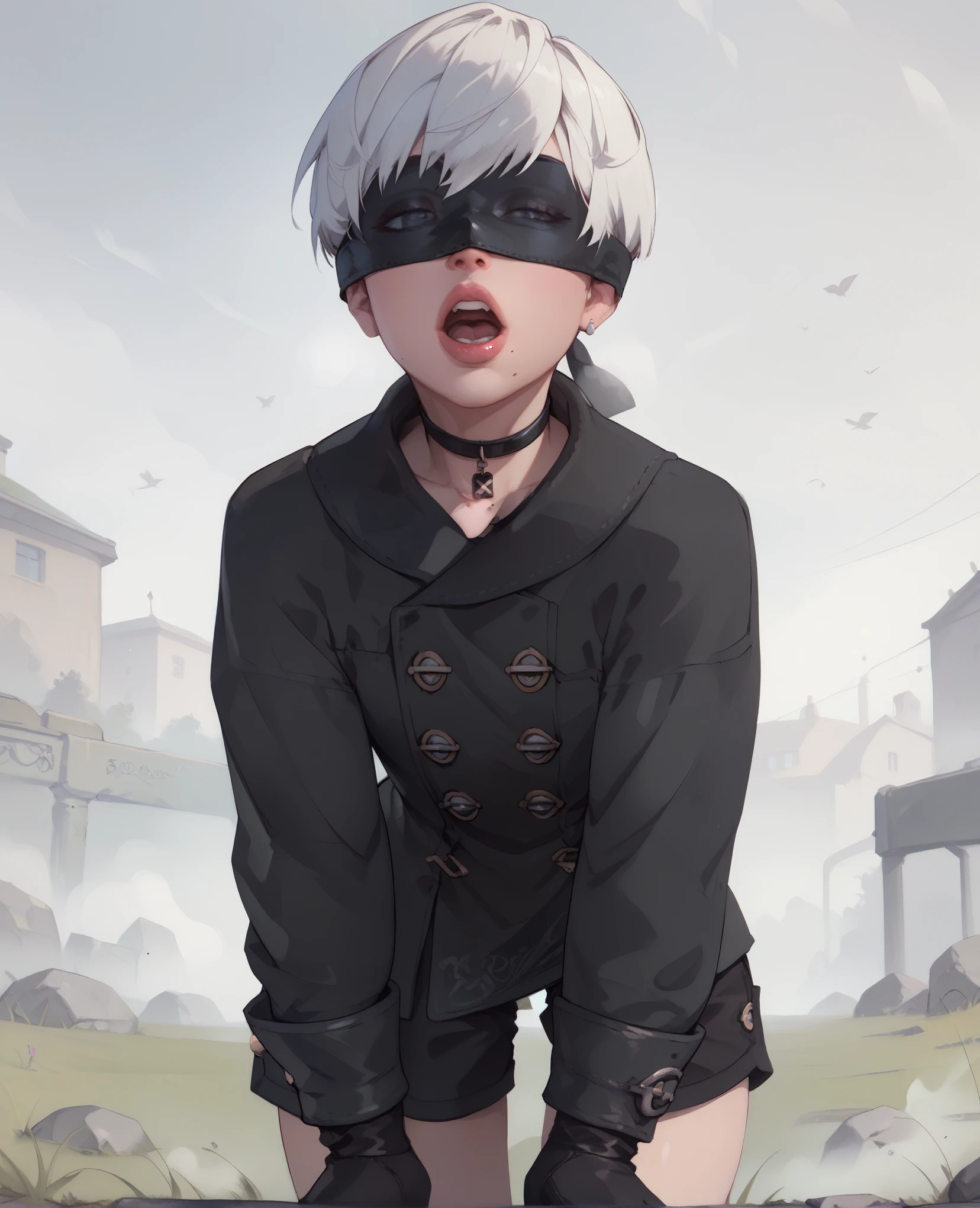 score_9,score_8_up,score_7_up,
yorhaxl,white hair,black blindfold,short hair,black choker,lips,mole under mouth,
standing,black gloves,black shorts,leaning forward,open mouth,
long sleeves,black jacket,buttons,
deserted school yard,fog,grass,
