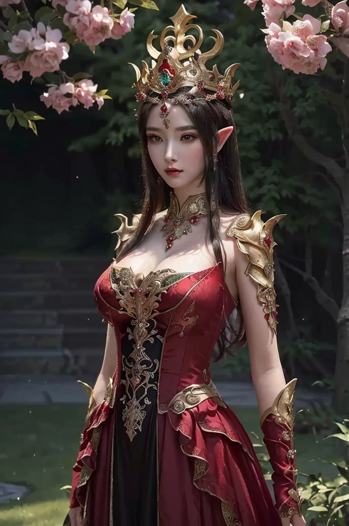 a close up of a woman in a red dress and a crown, beautiful and elegant elf queen, a beautiful fantasy empress, ((a beautiful fantasy empress)), fantasy art style, elf queen, beautiful elegant demon queen, an elf queen, portrait of an elf queen, hyperdetailed fantasy character, beautiful and elegant female elf, epic exquisite character art, detailed fantasy art