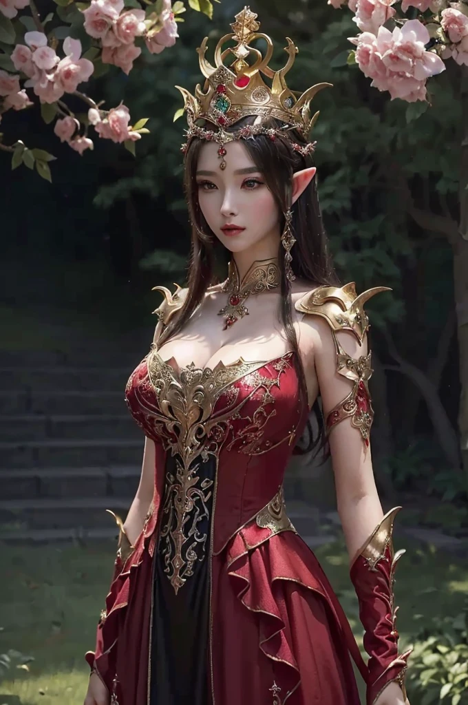 a close up of a woman in a red dress and a crown, beautiful and elegant elf queen, a beautiful fantasy empress, ((a beautiful fantasy empress)), fantasy art style, elf queen, beautiful elegant demon queen, an elf queen, portrait of an elf queen, hyperdetailed fantasy character, beautiful and elegant female elf, epic exquisite character art, detailed fantasy art