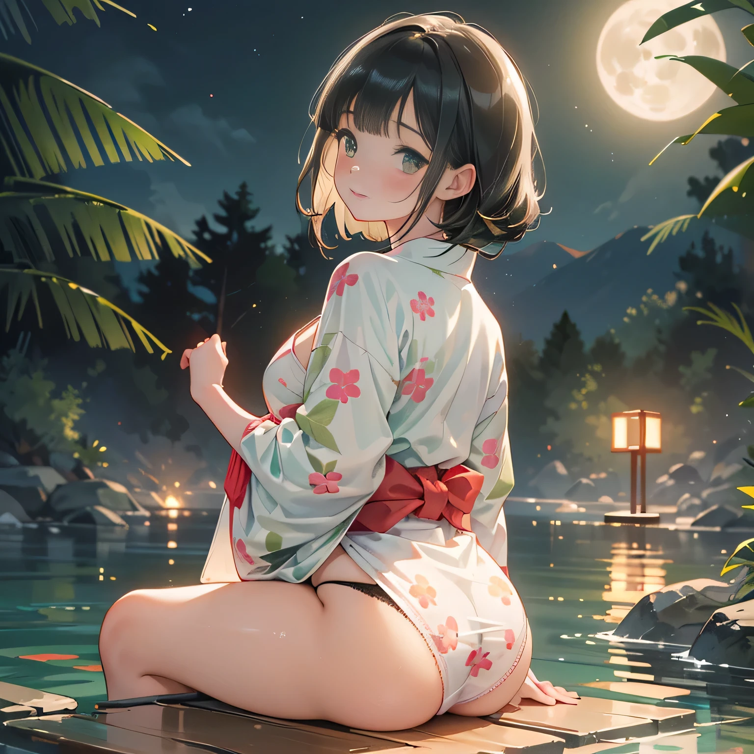 ((panty shot)),((lifting skirt)),((white beautiful panties focus)),Vulgar,low angle,from below, cleavage,(( looking back at the viewer)),
(looking back at the viewer),full body,low angle,from below,♥(japanese flower printed yukata),(bathing in the spa), ((1girl,cute,young,Semi long beautiful black hair,blunt bangs,beautiful green eyes)),(solo),((masterpiece, highest resolution,best quality)), ((realistic:1.5,Beautiful girl RAW photo)), (bathing in the spa),(japanese flower printed yukata),  innocent smile,cinematic lighting,beautiful outside open spa, rocks,natural beauty,full moon,night sky