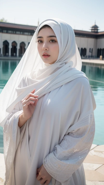 (Masterpiece, top quality, best quality, official art, beautiful and aesthetic: 1.2)
(1girl)
(Hyuga Hinata from Naruto anime, radiant white eyes, captivating with Byakugan eyes)
(Beautiful, ethnic allure in sexy clothes)
(Majestically posing against a mosque background, wearing a hijab)
(Ultra detail, realistic representation of fabric texture, wrinkles, and intricate hijab design)
(Her mesmerizing eyes reflecting tranquility and strength, gaze fixed on the viewer), alluring, glamorous, slim waist, sexy, portrait, Long hair fluttering in the wind