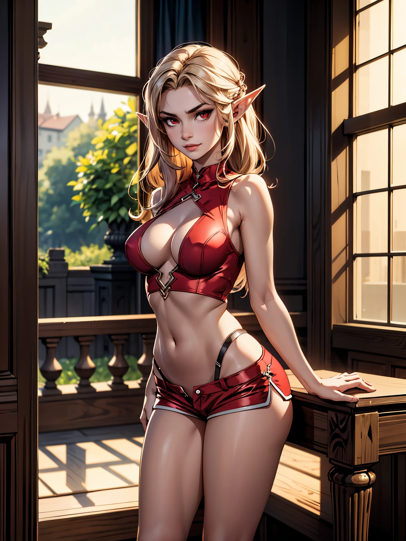 view straight standing in full height beautiful drawn face young beautiful elf ash hair red eyes serious expression dark open top on the chest shorts without shoes cutout on the chest size 2 breasts provocative smirk, sultry look, seductive,