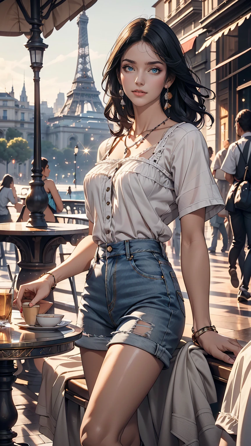1 girl,(Black Hair Semi-Long)(Beautiful Hair), actress, smile, Shiny skin, highest quality, masterpiece, (Realistic:1.4), Terrace seats, Europe, France, Paris, Denim mini skirt (Realistic Fabric), White short sleeve (Cotton), (No logo), Thin fingers