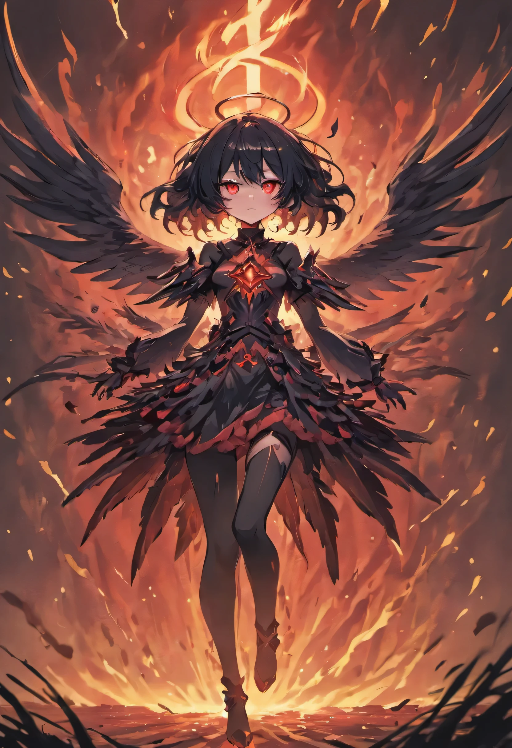 girl,Long Black Hair,masterpiece, highest quality, Super detailed, Downcast eyes,Tabletop, highest quality), (Perfect athletic body:1.2),8K High Resolution, Trend Art Station, White Background, Standing in the Wilderness,whole body、Equipped with Crow Gauntlets、triumphant smile、Small breasts、, As if smoke and shadows were given shape, Wings made from giant crows, Dancing crow feathers, Many glowing red eyes, Shadow Claw, Supernatural Lightning and Fire, ((Eight-pointed star symbol)), 8K High Resolution, Trend Art Station, whole body,Black Feather Gothic Dress、A whirlpool of countless red-eyed crows、Nuclear energy