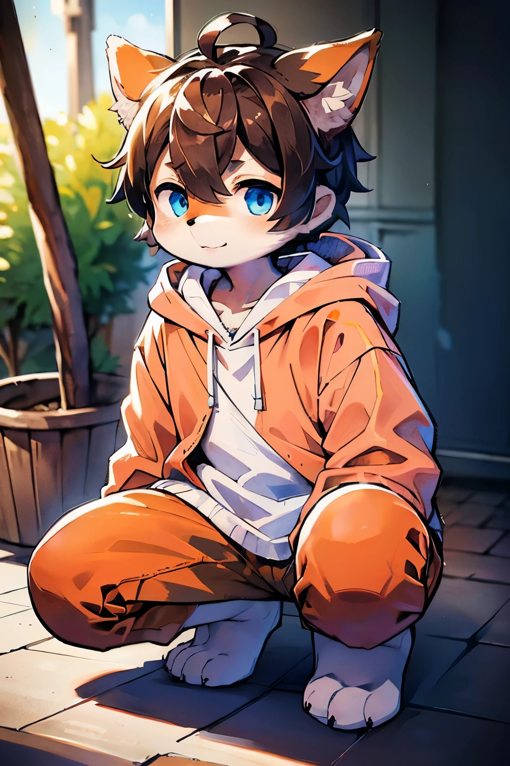 Shiba Inu beastman, light blue eyes, *brown hair*, fluffy boy, cute, orange fur) Hoodie, orange and white fur on face, in sunny park, squatting,