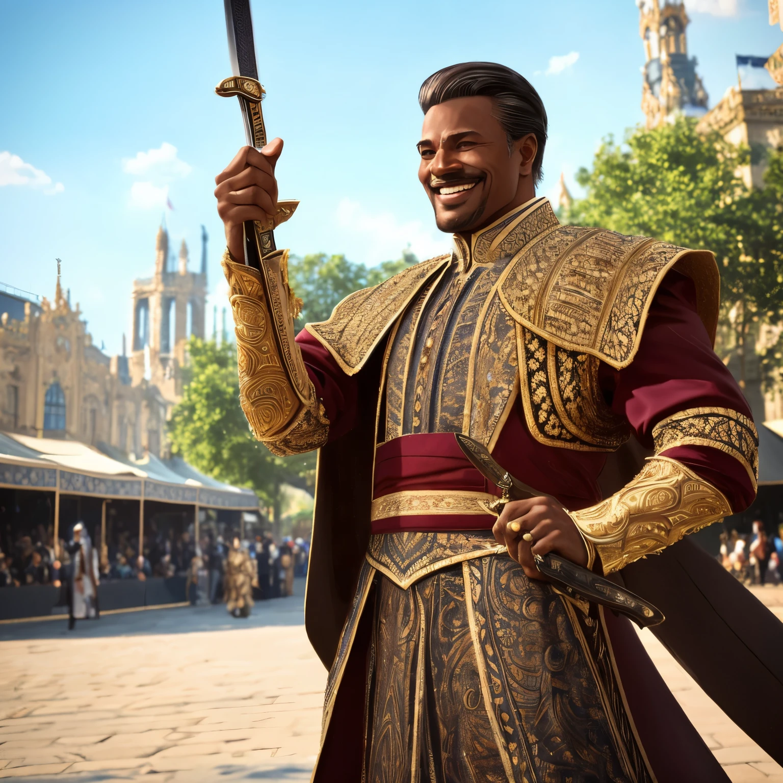 Rpg Style, friendly and kind king, an elegant man who has not achieved middle-age. He dresses in the best clothes, made by your own exotic clothing tailors imported from around the world, he have a sword. He is waving to people on a stage in the city square. he is smiling.