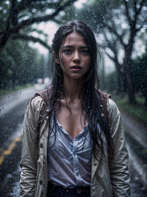 Master'(piece, a beautiful european Danish girl crying in the countryside road, rainy, trees around the road, standing, wet shirt, long hair, black hair, ((small breasts)), 16K, ultra high resolution photorealistic, UHD, RAW, DSLR, sharp focus, natural lighting