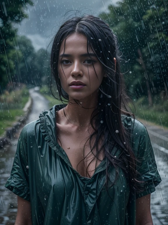 Master'(piece, a beautiful european Danish girl crying in the countryside road, rainy, trees around the road, standing, wet shirt, long hair, black hair, ((small breasts)), 16K, ultra high resolution photorealistic, UHD, RAW, DSLR, sharp focus, natural lighting