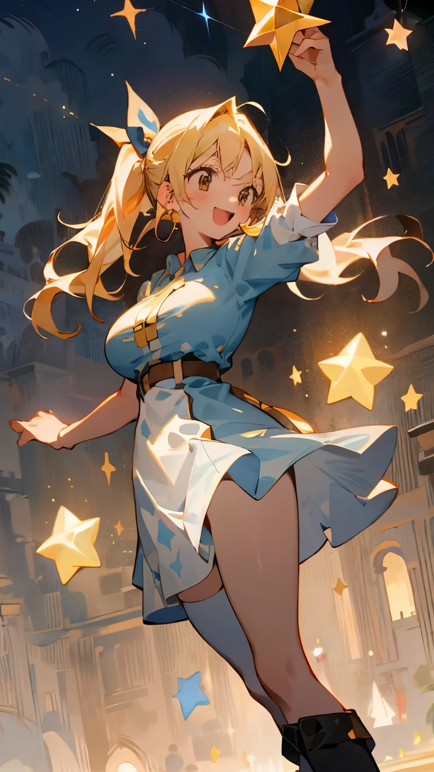 ****************、One girl, Magic key、Fairy, Pointed Ears, masterpiece, highest quality, High resolution, Lucy Heartfilia, Lucy Heartfilia, One girl, alone, Blonde Hair, Brown eyes, Long Hair, Side Ponytail, Hair Ribbon, Big Breasts, Earrings, Thigh-high boots, Blue Shirt, No sleeve, White Skirt, smile, Open your mouth, Dark Background, starlight, star,starをすくう、手のひらでstarを救い上げる