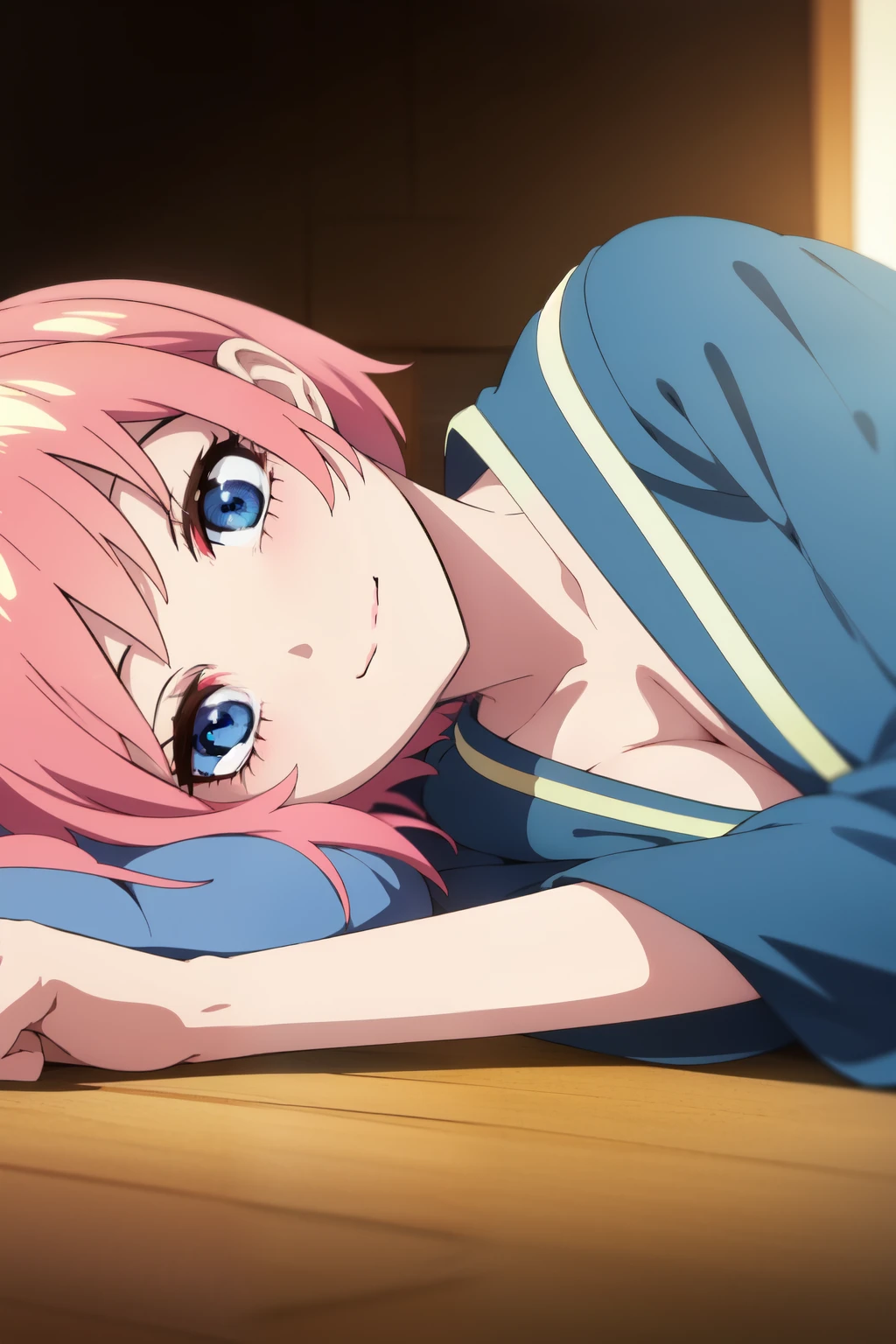 Anime background art, bottom of room, one bed, lying on a bed, beautiful anime scenes, 4K anime art wallpaper, 4k anime art wallpaper, Rosla global illumination, anime girl, 1 girl, LORA similar, best quality, detailed, alone, looking at the viewer, mouth closed, smile, short hair, definition in the eye, perfect face, perfect eyes, perfect hair, pink hair, blue eyes, kimono costume, big tits.