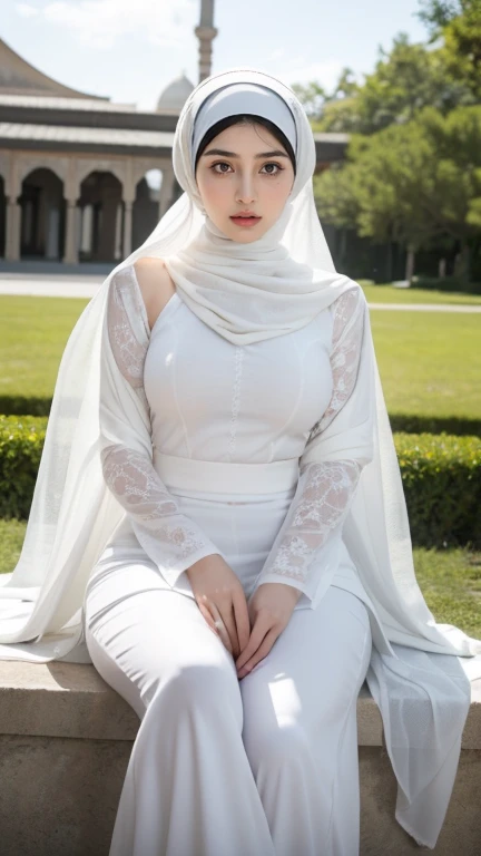 (Masterpiece, top quality, best quality, official art, beautiful and aesthetic: 1.2)
(1girl)
(Hyuga Hinata from Naruto anime, radiant white eyes, captivating with Byakugan eyes)
(Beautiful, ethnic allure in sexy clothes)
(Majestically posing against a mosque background, wearing a hijab)
(Ultra detail, realistic representation of fabric texture, wrinkles, and intricate hijab design)
(Her mesmerizing eyes reflecting tranquility and strength, gaze fixed on the viewer), Proportional body, perfect body figure, alluring, glamorous, slim waist, sexy, portrait, Long hair fluttering in the wind