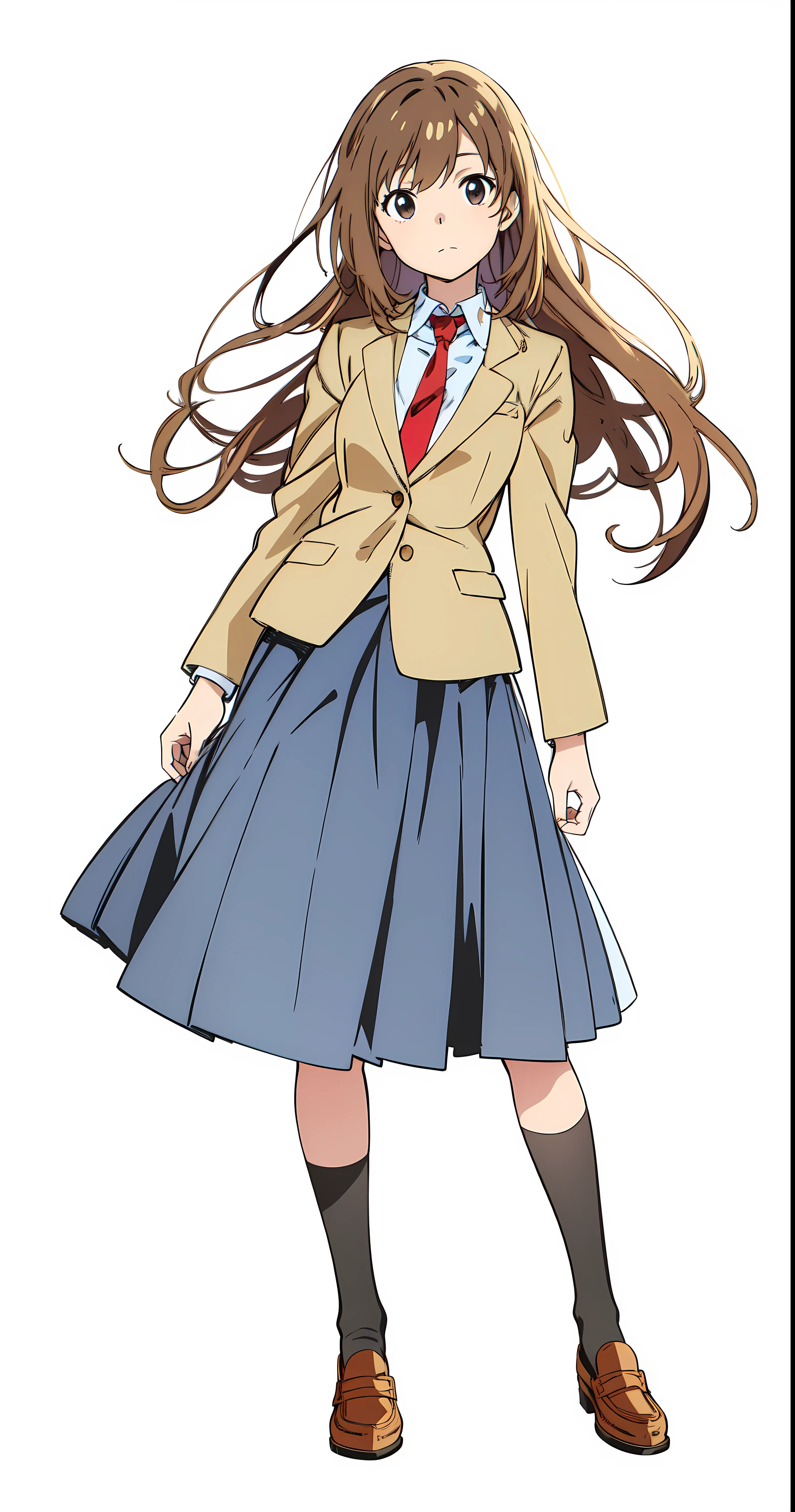 (white background:1.0), (best quality:1.0), (masterpiece:1.0), (super fine illustration:1.0), (beautiful artwork:1.0), (anime screencap:1.0), (official art:1.0), (full body:1.0), (solo:1.0), (HSGα:1.0), (a 18yo cute girl:1.0), (long skirt:1.2), (dark blue skirt:1.0), (pleated skirt:1.0), (school uniform beige blazer:1.0), (red necktie:1.0), (loafers:1.0), (black socks:1.0), (ideal ratio body proportions:1.2), (lanky:1.2), (tall:1.2), (slender:1.2), (small breasts:1.2), (smaller face:1.2), (tareme:1.0), (detailed beautiful eyes:1.0), (detailed beautiful face:1.0), (glowing black eyes:1.0), (long hair:1.0), (brown hair:1.0), (standing:1.0), (looking at viewer:1.0)