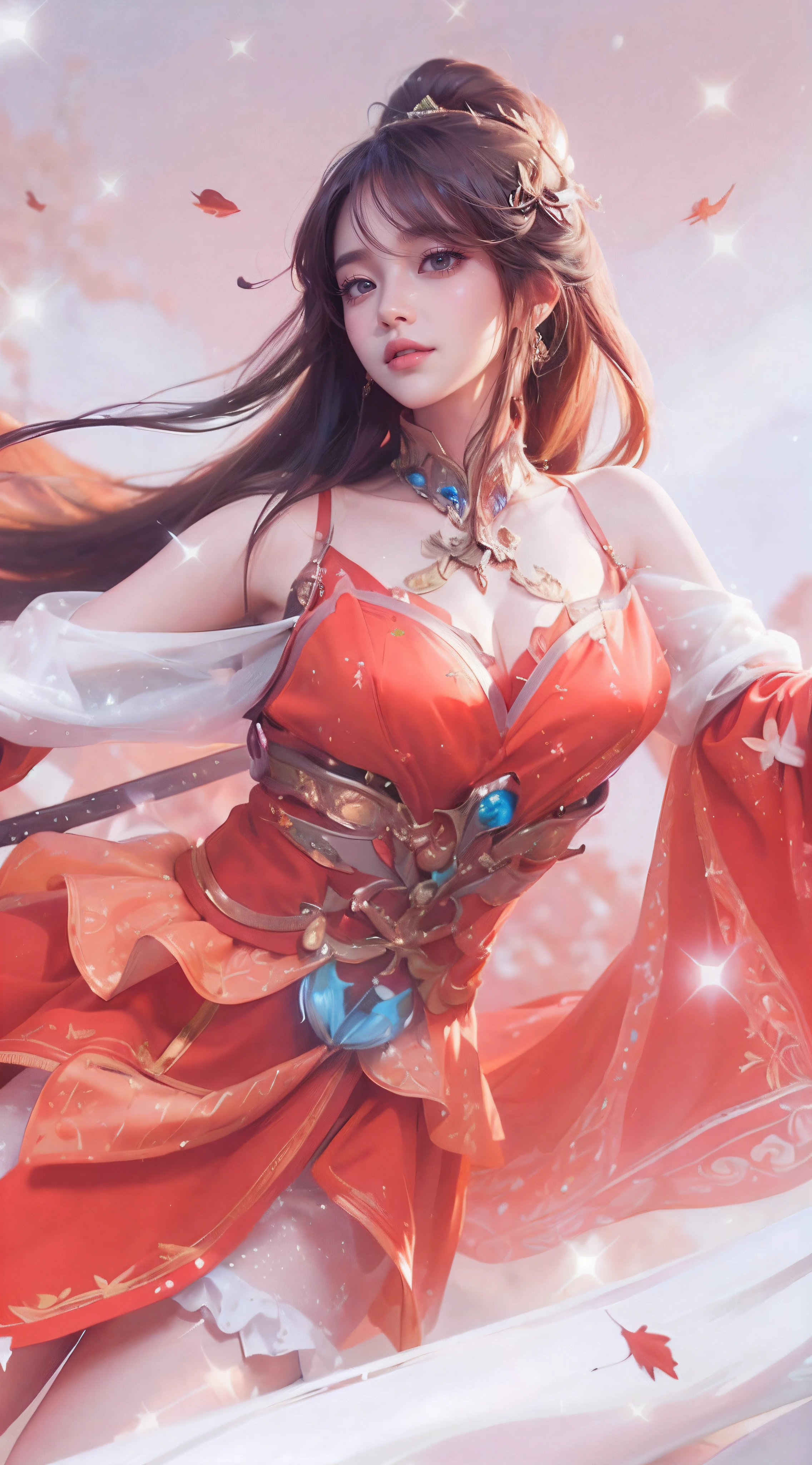 1girll, chinese dress,(Enchanted quality:1.4),(True textured skins of the highest quality), Delicate face, Blonde hair, Gradient Hair, body,(perfect bodies:1.1), There is a jewel on the forehead, rimless eyewear, PUPILS SPARKLING,long eyelasher,grin, hyperphotorealism, Cinematic lighting, projected inset, surrealism, hyper HD, masutepiece, 16 K,Lie down,Dream On,Please wear clear silk pajamas,Carmelto,legs slightly open,tattooed,Fantasy space,Luxurious space, True wearing texture, magic wand texture, realistic hair texture, falling leaf
