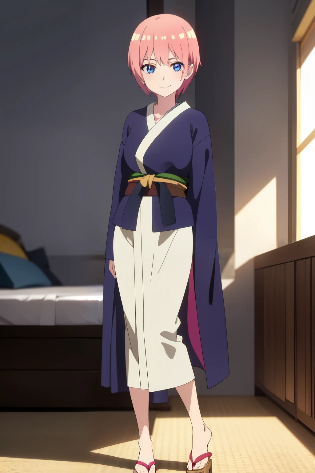 Anime background art, bottom of room, one bed, standing, beautiful anime scenes, 4K anime art wallpaper, 4k anime art wallpaper, Rosla global illumination, anime girl, 1 girl, LORA similar, best quality, detailed, alone, looking at the viewer, mouth closed, smile, short hair, definition in the eye, perfect face, perfect eyes, perfect hair, pink hair, blue eyes, kimono costume, big tits.

