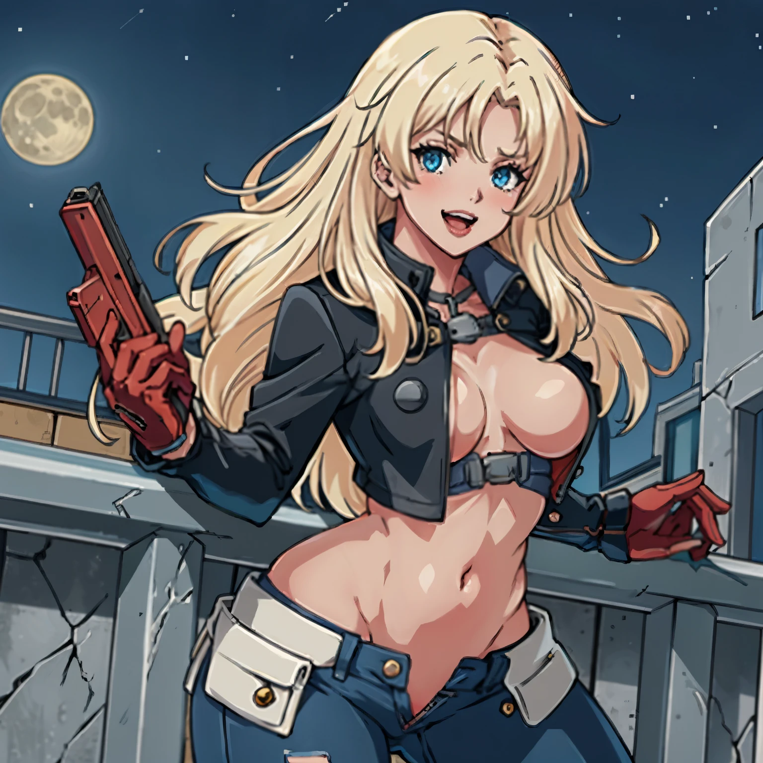2 girl, two girl, Sexy woman, long hair, sexy eyes, red lips, sexually aroused expression, lustful expression, medium breast, blush, lipstick, outdoors, rooftop, cityscape, building, railing, night, night sky, scenery, moon, city lights, blush, lipstick, mouth open and tongue out, open, fur trim, mature female, gloves, fur-trimmed coat, masterpiece, best quality, highly detailed, a girls with a gun, evil smile , open mouth, sexy gaze, badass pose , evil smile, smile, (nsfw) not safe for work, guns blazing, anime girl with long hair, beautiful long haired girl, navel, evil expression, exposed belly, exposed navel, exposed midriff, exposed lower belly, long black pants, crop top, cleavage, unbuttoned leather pants ,open fly, low rise black leather pants, leather jacket, holding a gun