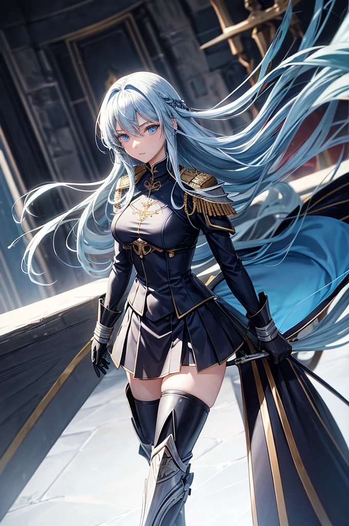 Chtholly had long sky blue hair and blue eyes. In battle, Chtholly wears a black/navy blue Guardian Wings military uniform, as well as steel armor.