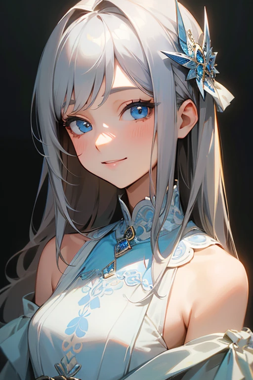 (masterpiece: 1.2, highest quality), (Actual Photos, Intricate details), 1. woman, alone, Upper Body, casual, Shoulder-length hair, Minimal makeup, Natural materials, Face close-up, smile, Home, Gray Hair, blue eyes, Shoulder Bare、優しいsmile、the face remains the same、gorgeous hair accessory、