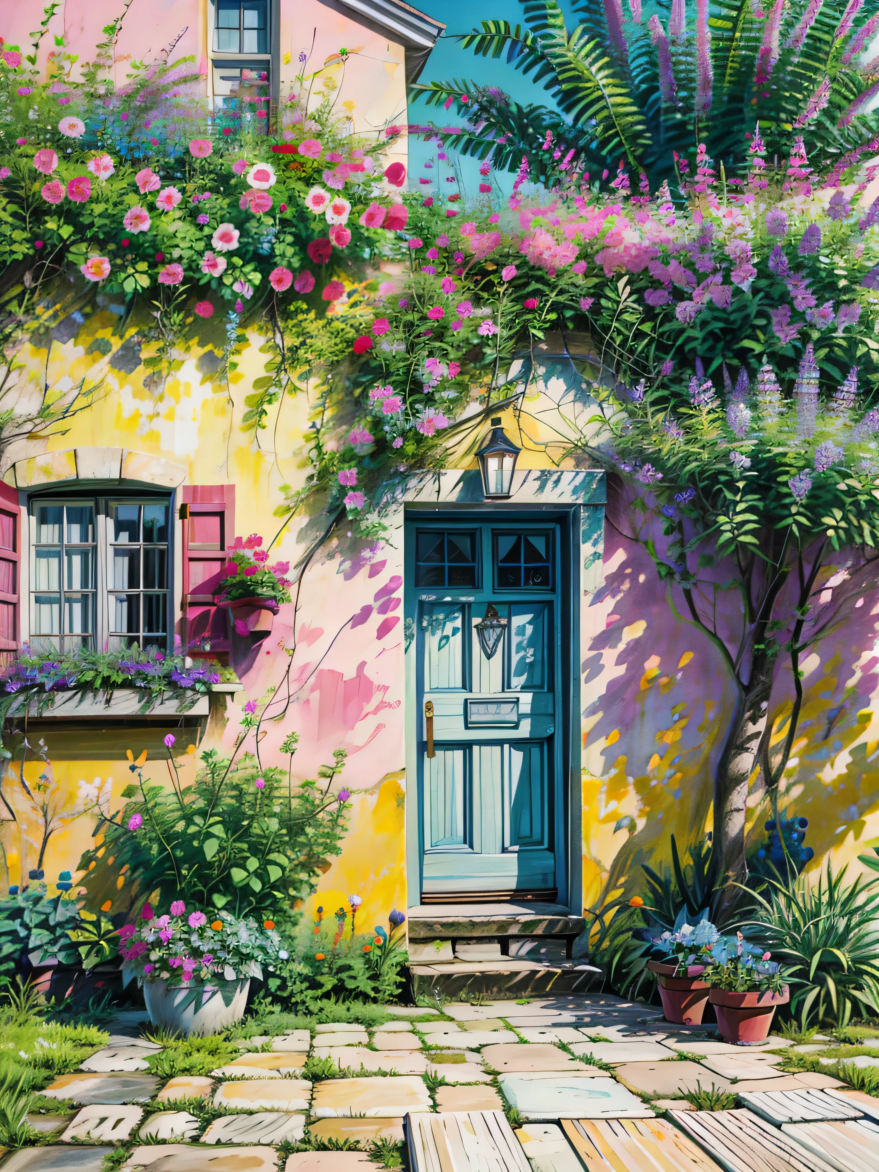 a yellow building with a blue door and pink flowers, pink door, flowery cottage, blue door, dreamy colors, colorful house, greece, beautiful color composition, mediterranean architecture, lush flowery outdoors, vibrant pastel color palette, fantasy italy, bougainvillea, colorful architecture, vibrant uplifting color scheme, southern european scenery, lush chic garden, beatiful house, 4k hd,, beautiful art uhd 4 k, a beautiful artwork illustration, beautiful digital painting, highly detailed digital painting, beautiful digital artwork, detailed painting 4 k, very detailed digital painting, rich picturesque colors, gorgeous digital painting