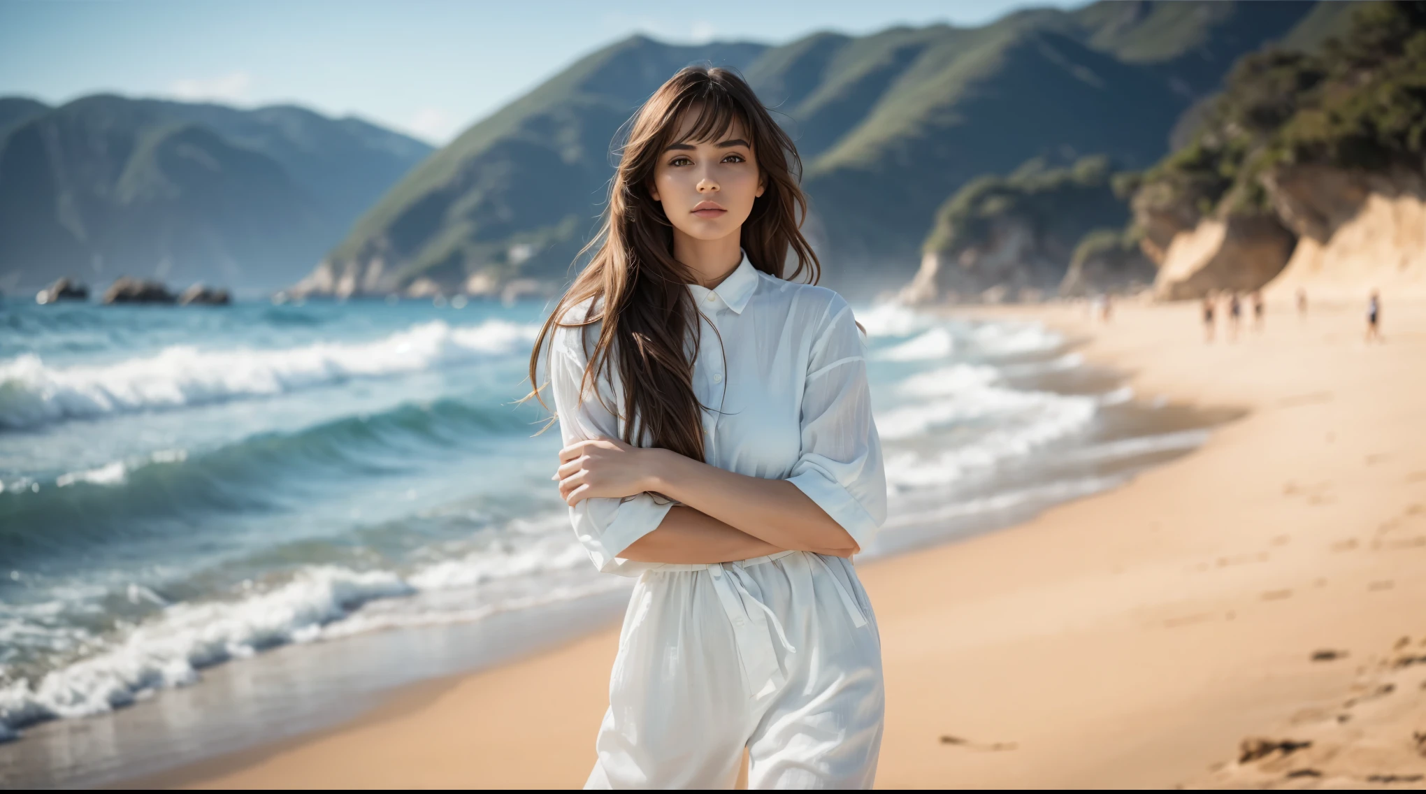 Surreal, Ultra HD, Attractive and sexy body shape , The surrounding environment is very vivid，HDR，Very high image quality，Cinematic Lenses. Natural Location, Natural Human Anatomy，A 20-year-old girl，Standing by the sea，seawater，Beach，Blue sky，White Cloud，Tree，Photo of an Italian female model，Long hair，White clothing，Shooting in the style of the Canon EOS R5 at F2 and ISO400，Soft Light