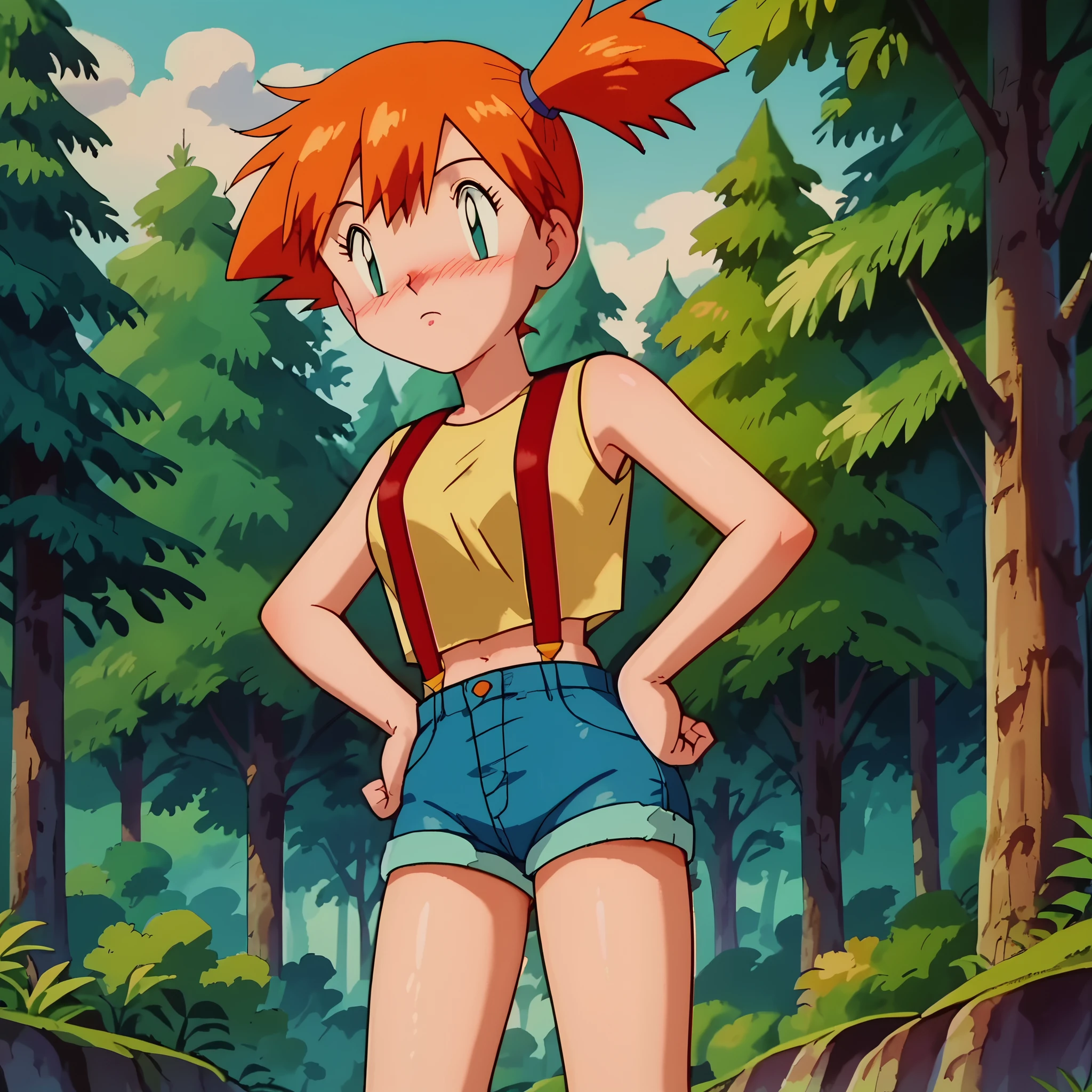 anime screencap, score_9,  score_8_up, score_7_up, score_6_up, source_anime, 1girl, solo, misty \(pokemon\), side ponytail, blush, yellow tank top, suspenders, hands on hips, denim shorts, forest, tree, sky