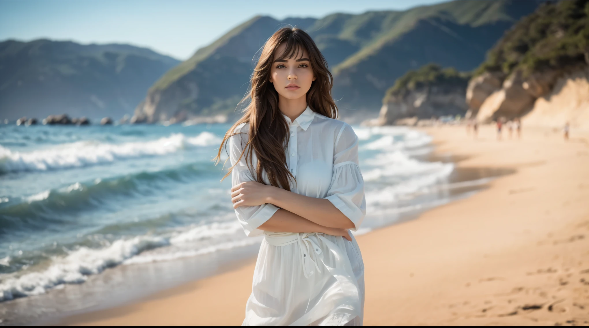 Surreal, Ultra HD, Attractive and sexy body shape , The surrounding environment is very vivid,HDR,Very high image quality,Cinematic Lenses. Natural Location, Natural Human Anatomy,A 20-year-old girl,Standing by the sea,seawater,Beach,Blue sky,White Cloud,Tree,Photo of an Italian female model,Long hair,White clothing,Shooting in the style of the Canon EOS R5 at F2 and ISO400,Soft Light