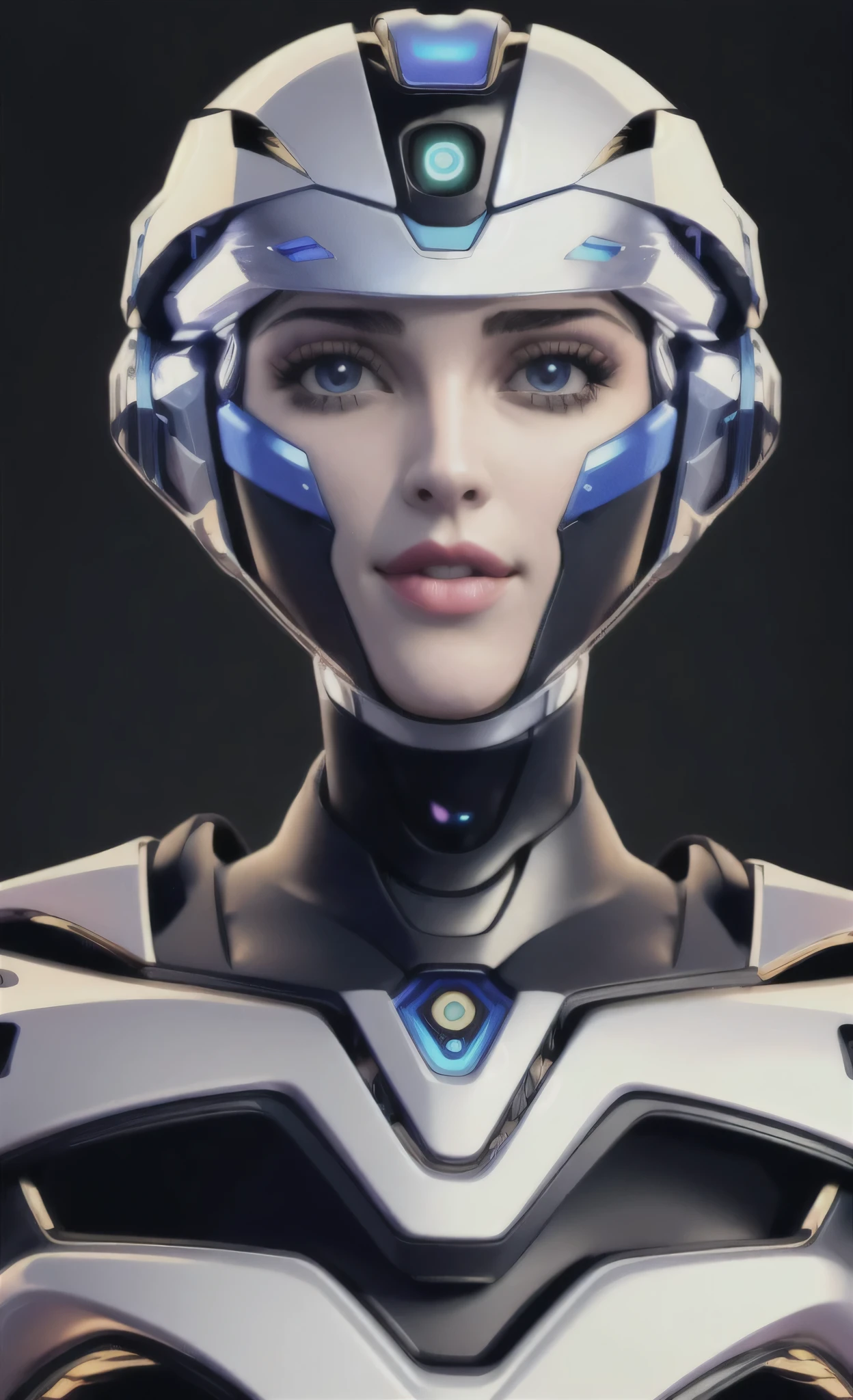 full face artificial intelligence, robot, vista lateral, branco Skin, (brancoface), preto, azul, 1 mulher, (preto background), Contorno de rosto claro
