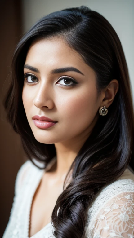 Portrait of A confident-looking chubby square Face , indian woman with long flowing hair, hazel eyes, with flowing capes, perfect composition, hyperrealistic, super detailed, 8k, high quality, trending art, trending on artstation, sharp focus, studio photo, intricate details, highly detailed, art by greg rutkowski, no jewellery, mugshot, facing camera, looking into lens, focussing on lens