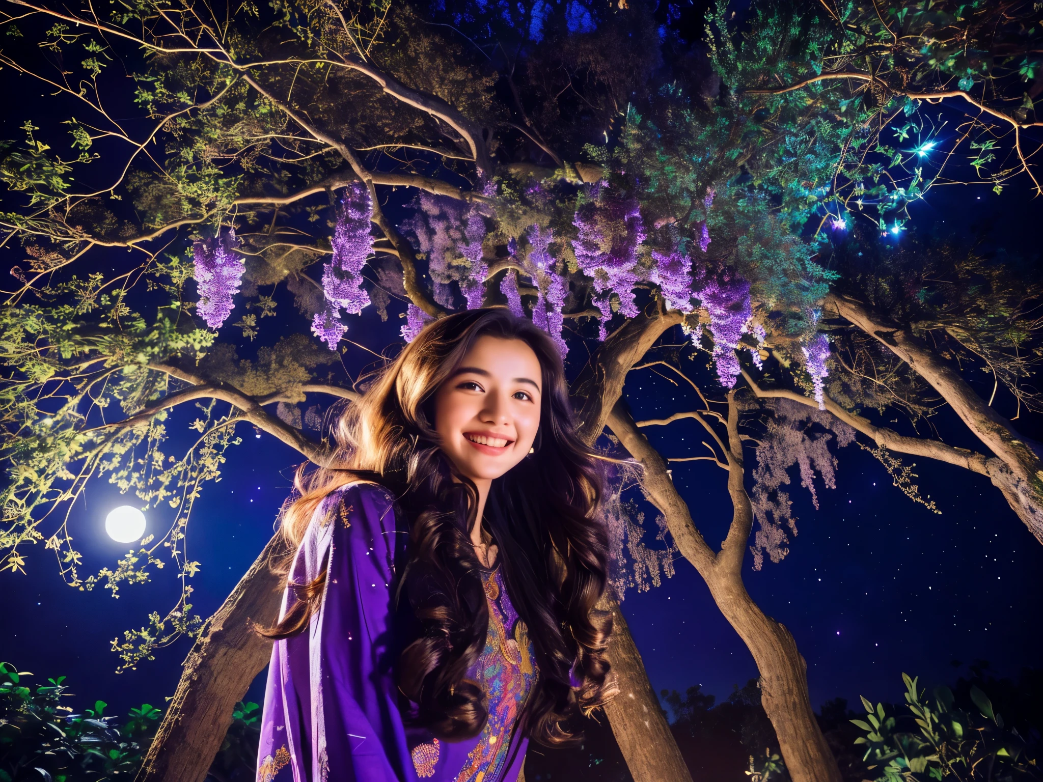 ,luminous moon and starry night sky, vibrant purple background, a majestic tree,ultra-detailed foliage,detailed tree trunk,realistic shadows, beautiful girl standing near the tree, flowing hair, radiant smile,vivid colors